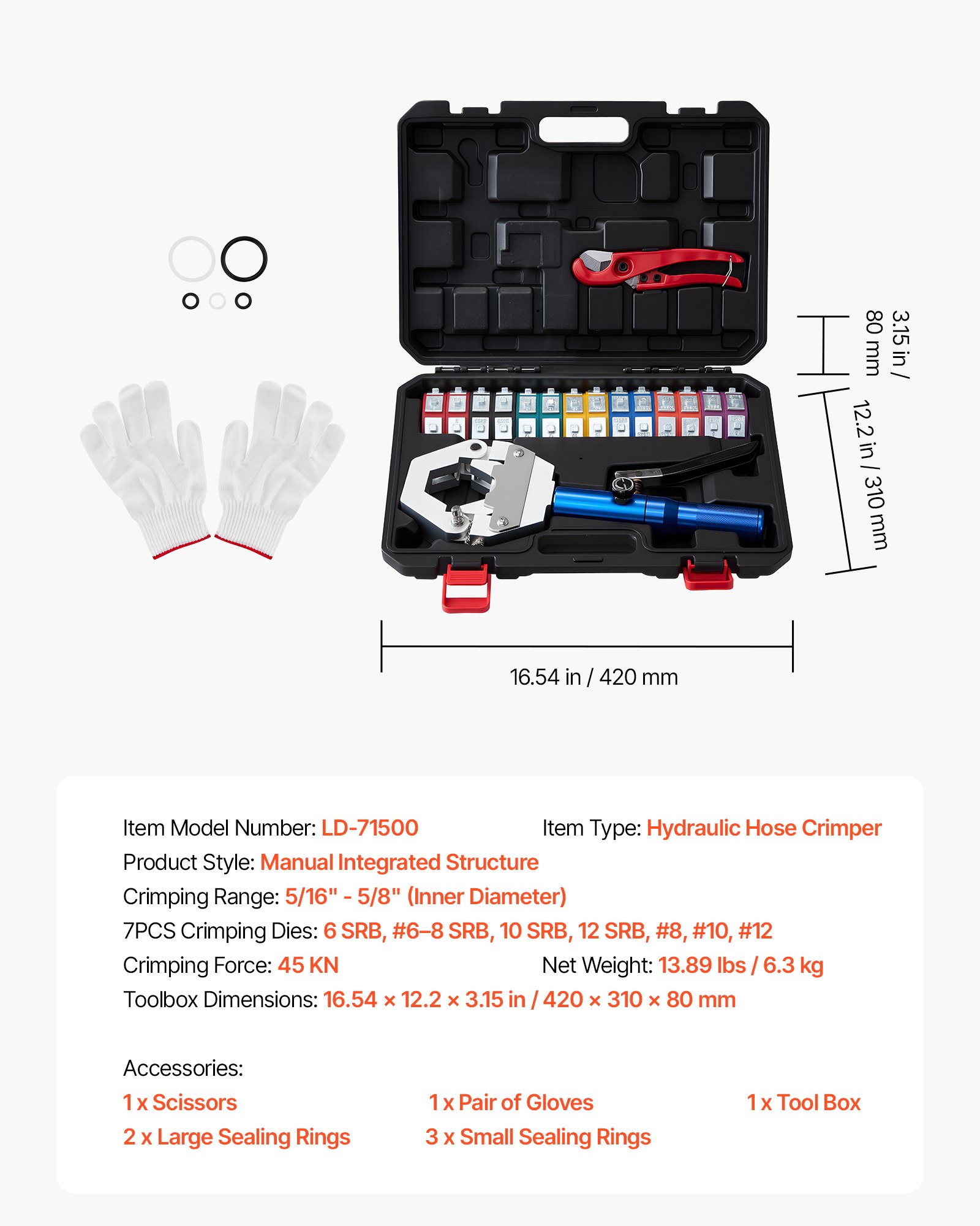 Hydraulic Hose Crimper, Hydra-Krimp AC Hose Crimper Kit with 7 Dies Snap-On, Integral Manual Hydraulic A/C Hoses Crimping Tool for Automotive & Air Conditioning Repair - with Carrying Case - Image 7