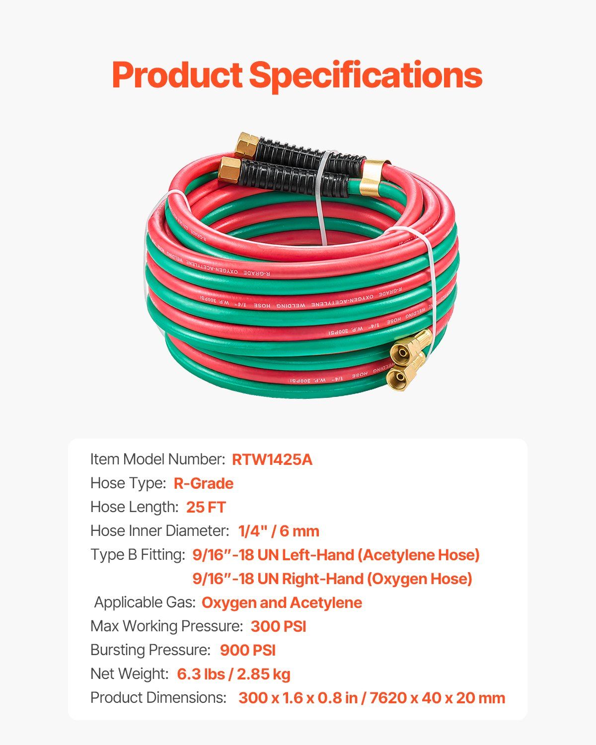 Oxygen Acetylene Hose, 1/4-Inch x 25FT Oxy Acetylene Hose with 9/16