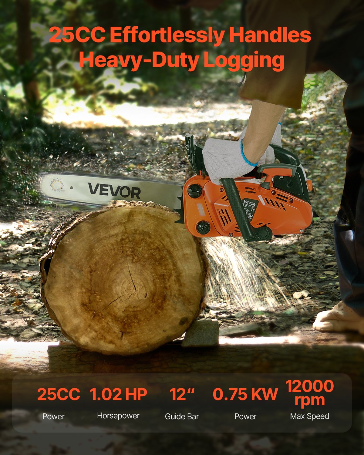25 cc Gas Chainsaw, 305 mm Gas Powered Chainsaw, 0.75 kW Power Chain Saw with Non-Slip Handle, Gas-Powered Chainsaws with Dual Fuel Tanks, For Wood Cutting, Tree Trimming, and Land Clearing - Image 2