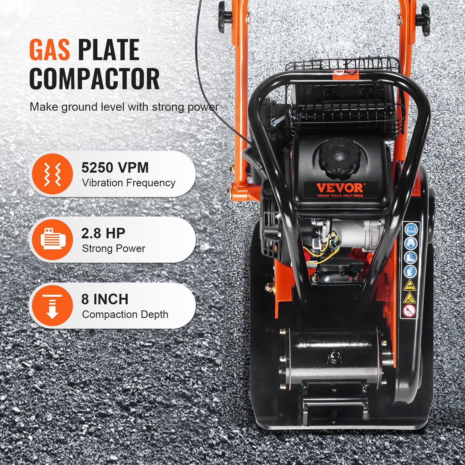 Plate Compactor, 2.8 HP 78.5CC Gas Engine 5,250 VPM, 870 kg Force Vibratory Compaction Tamper with 18.7 x 11.8 inch Plate for Walkways, Patios, Asphalts, Paver Landscaping - Image 2