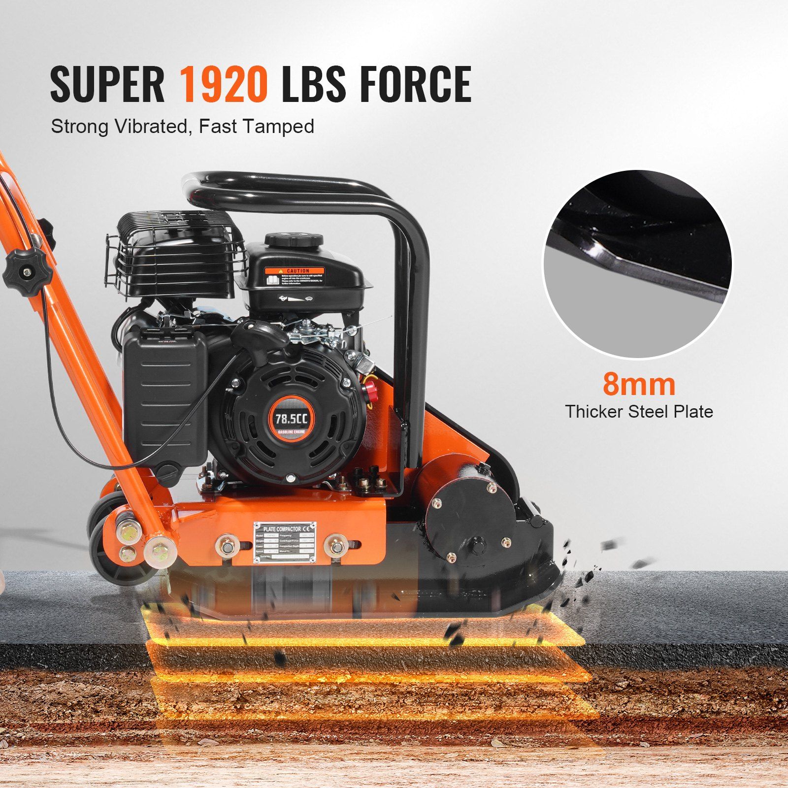 Plate Compactor, 2.8 HP 78.5CC Gas Engine 5,250 VPM, 870 kg Force Vibratory Compaction Tamper with 18.7 x 11.8 inch Plate for Walkways, Patios, Asphalts, Paver Landscaping - Image 3