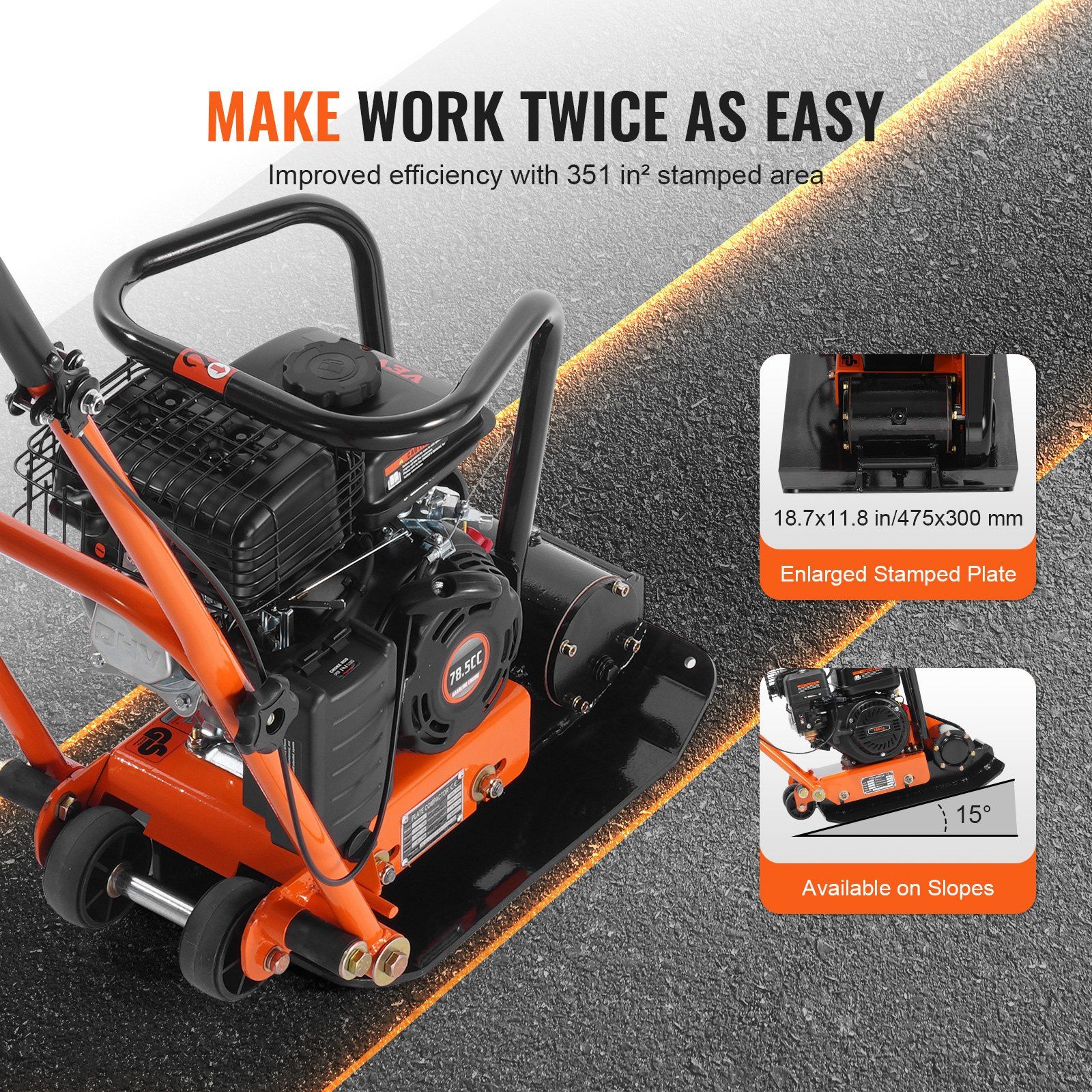Plate Compactor, 2.8 HP 78.5CC Gas Engine 5,250 VPM, 870 kg Force Vibratory Compaction Tamper with 18.7 x 11.8 inch Plate for Walkways, Patios, Asphalts, Paver Landscaping - Image 4