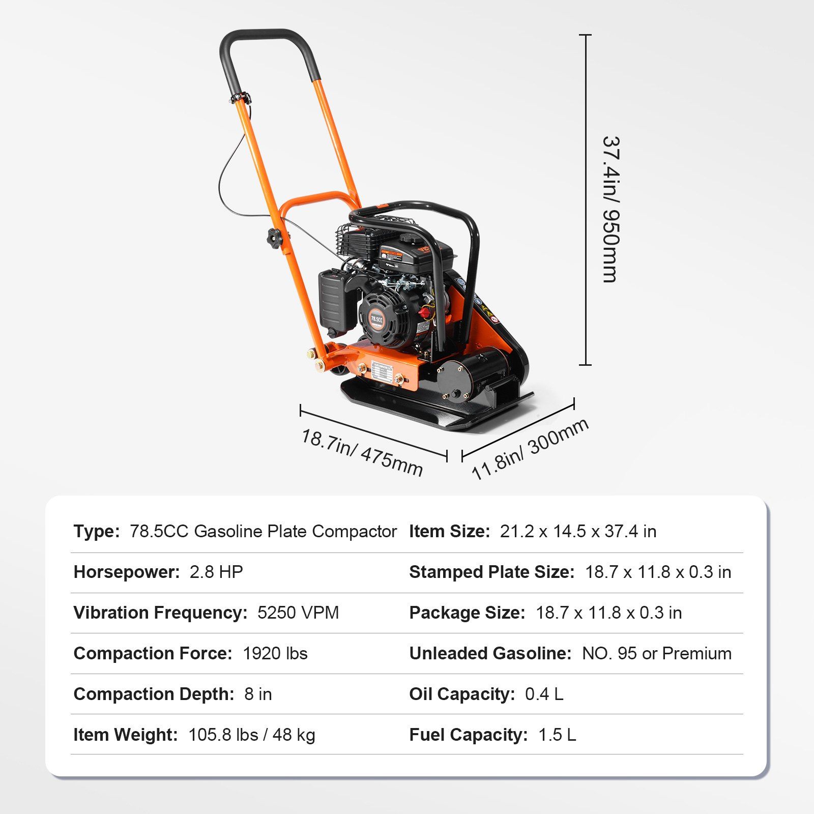 Plate Compactor, 2.8 HP 78.5CC Gas Engine 5,250 VPM, 870 kg Force Vibratory Compaction Tamper with 18.7 x 11.8 inch Plate for Walkways, Patios, Asphalts, Paver Landscaping - Image 7
