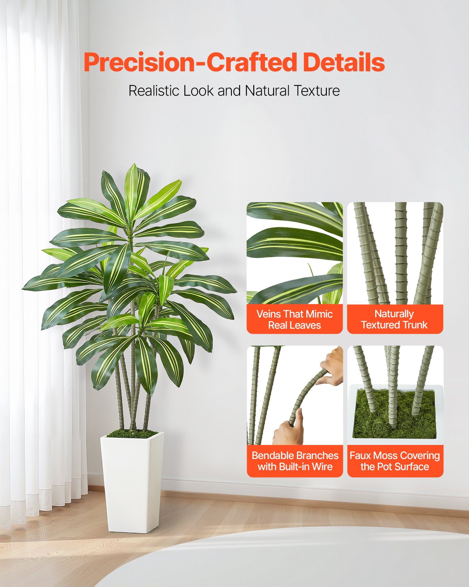 Artificial Dracaena Tree 1524 mm, Fake Palm Tropical Plants with White Tall Planter, Faux Floor Silk Plant in Pot, Large Trees for Home Office Living Room Decor House Warming, Indoor Outdoor - Image 2