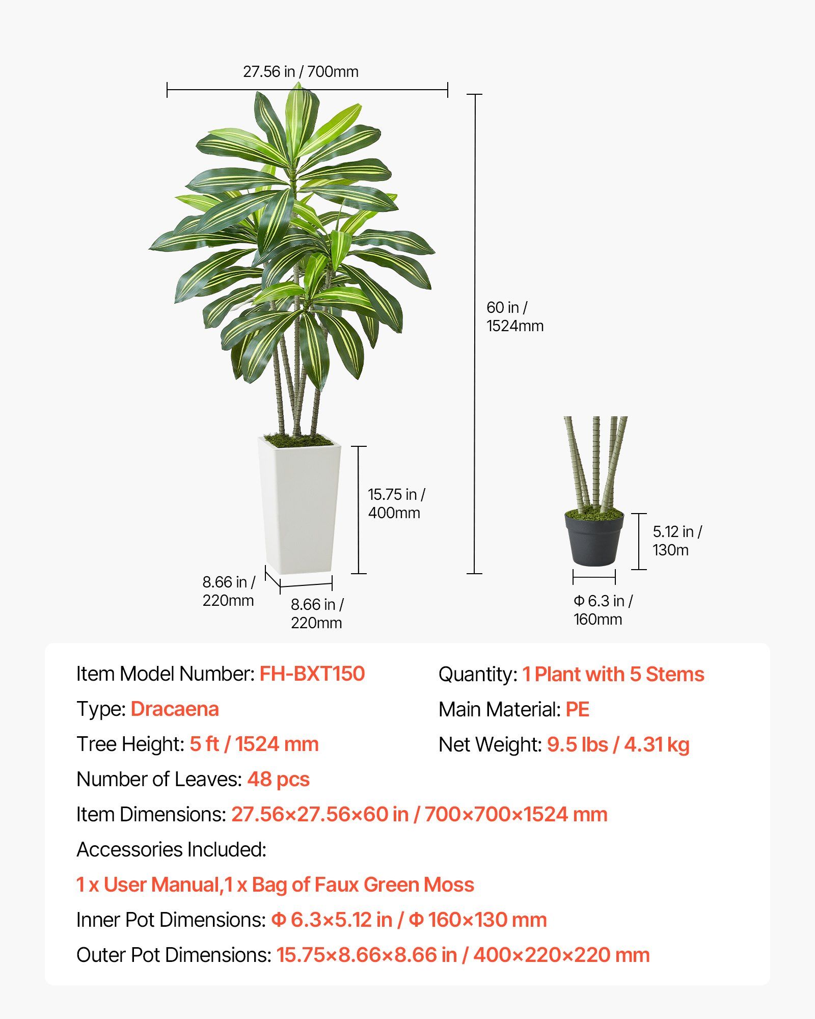 Artificial Dracaena Tree 1524 mm, Fake Palm Tropical Plants with White Tall Planter, Faux Floor Silk Plant in Pot, Large Trees for Home Office Living Room Decor House Warming, Indoor Outdoor - Image 7