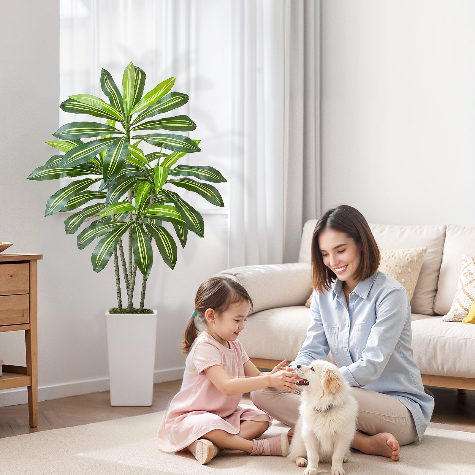 Artificial Dracaena Tree 1524 mm, Fake Palm Tropical Plants with White Tall Planter, Faux Floor Silk Plant in Pot, Large Trees for Home Office Living Room Decor House Warming, Indoor Outdoor - Image 8