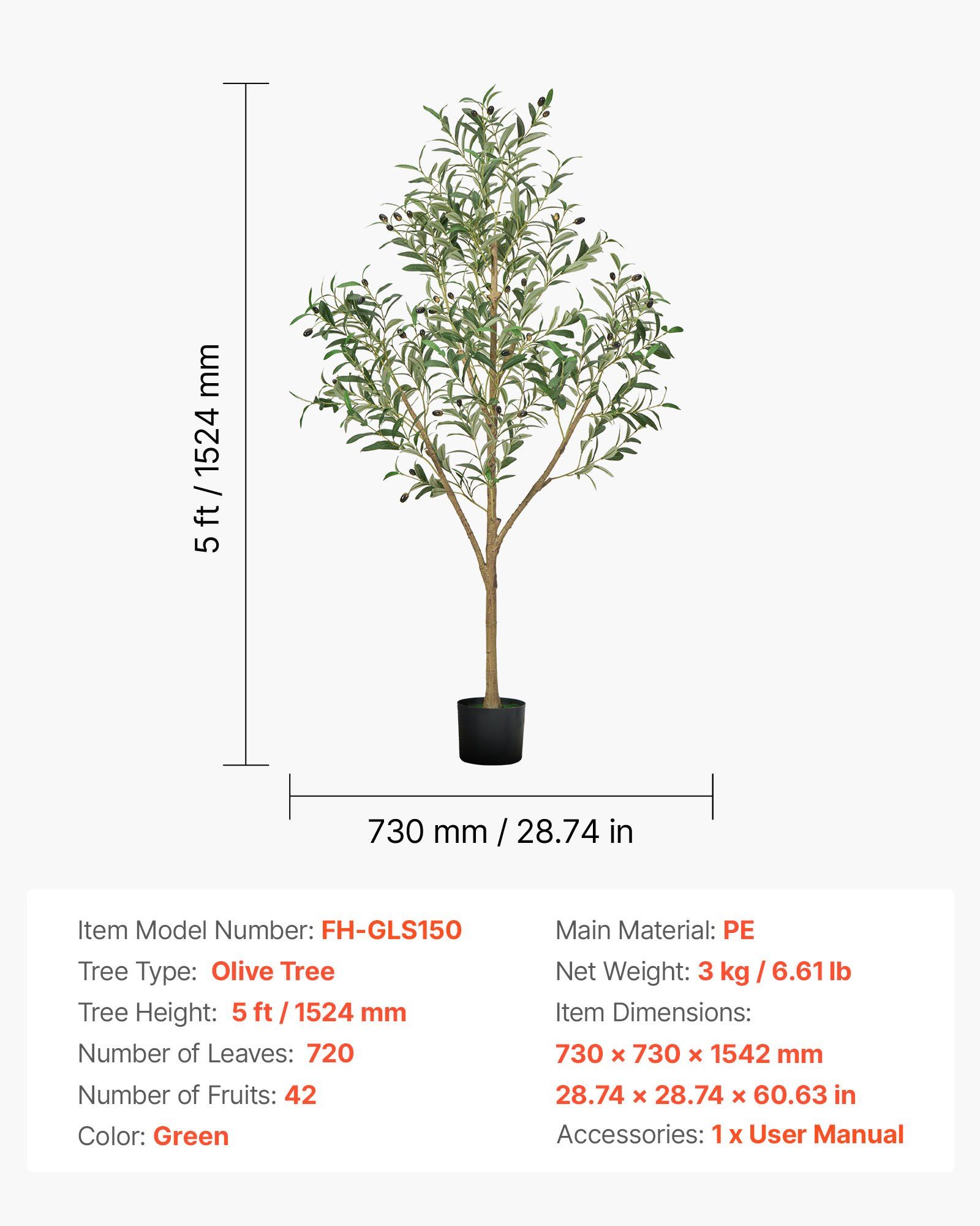 150cm Artificial Olive Tree with Black Pot, Tall Fake Tree with Natural Wood Trunk & Realistic Green Leaves and Fruits, Indoor Faux Plant for Home, Office, Living Room, Corner Decor - Image 7