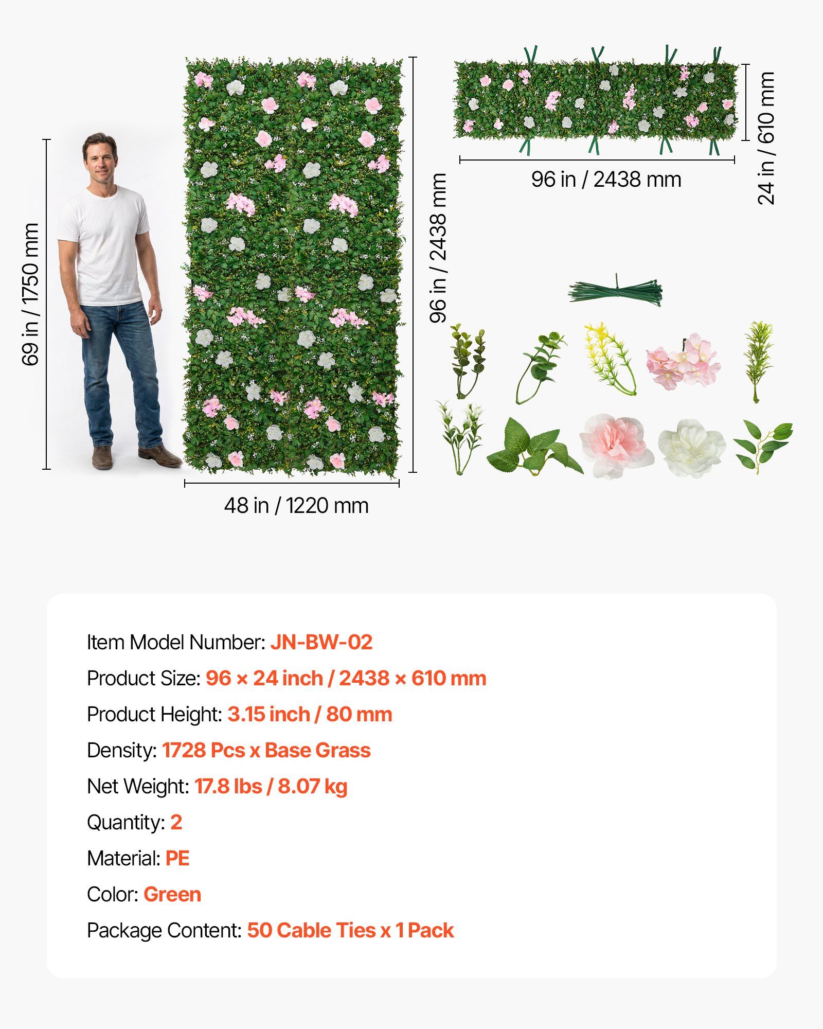 Artificial Luxury‌ Flower Wall Backdrop, 2 PCS, Each Panel 61 x 243.8 cm, Gorgeous 3D Silk Floral Backdrop Pet Friendly, Easy Installation Flower Wall Panel for Wedding, Event, Party, Home Decor - Image 7