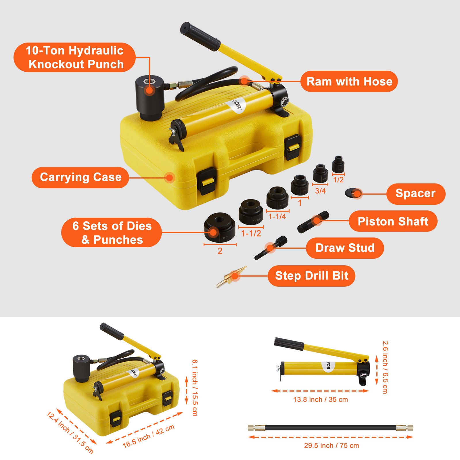 10 Ton Hydraulic Knockout Punch Kit, 1/2