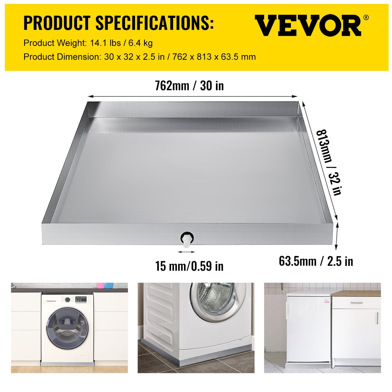 32 x 30 x 2.5 Inch Washing Machine Pan 18 GA Thickness 304 Stainless Steel Heavy Duty Compact Washer Drip Tray with Drain Hole & Hose Adapter - Image 7