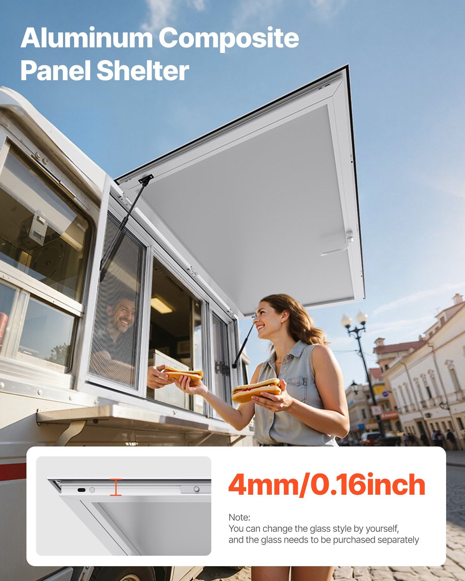 Concession Window 1524x915 mm, Aluminum Alloy Service Window for Food Truck, Up to 85 Degrees Stand Serving Window with 4 Sliding Windows, Awning Door, and Drag Hook, for Concession Trailers - Image 2