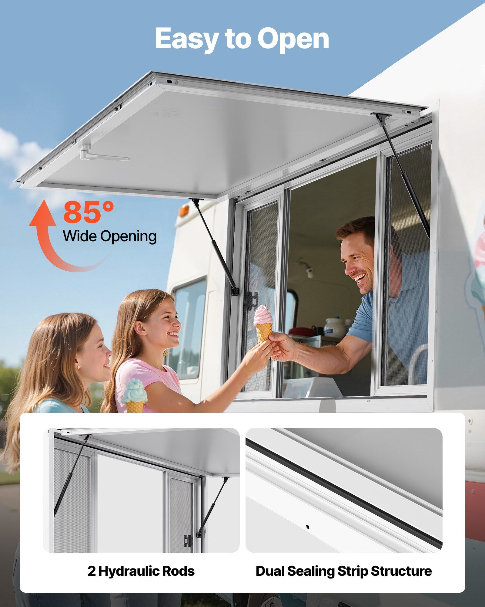 Concession Window 1524x915 mm, Aluminum Alloy Service Window for Food Truck, Up to 85 Degrees Stand Serving Window with 4 Sliding Windows, Awning Door, and Drag Hook, for Concession Trailers - Image 4