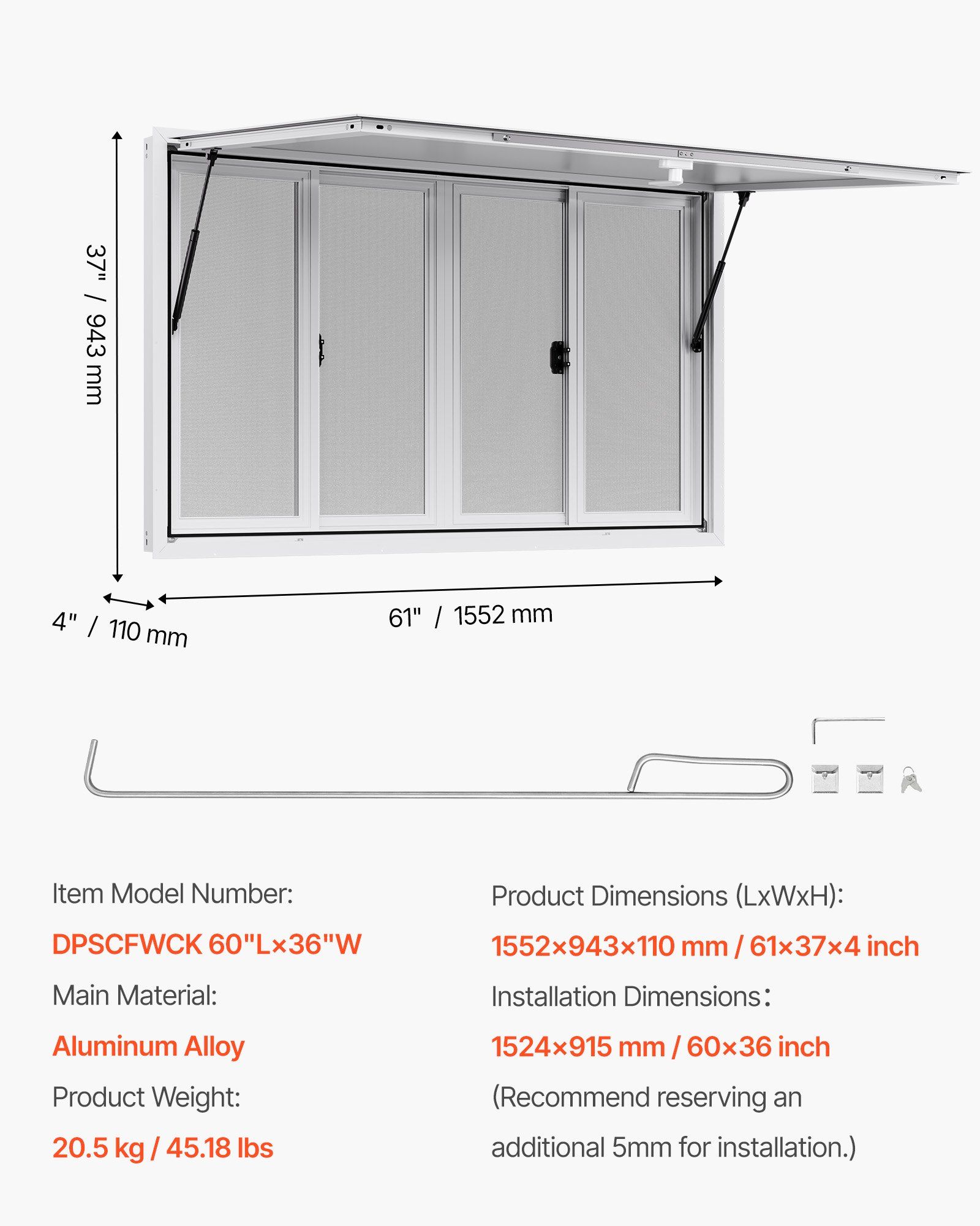 Concession Window 1524x915 mm, Aluminum Alloy Service Window for Food Truck, Up to 85 Degrees Stand Serving Window with 4 Sliding Windows, Awning Door, and Drag Hook, for Concession Trailers - Image 7