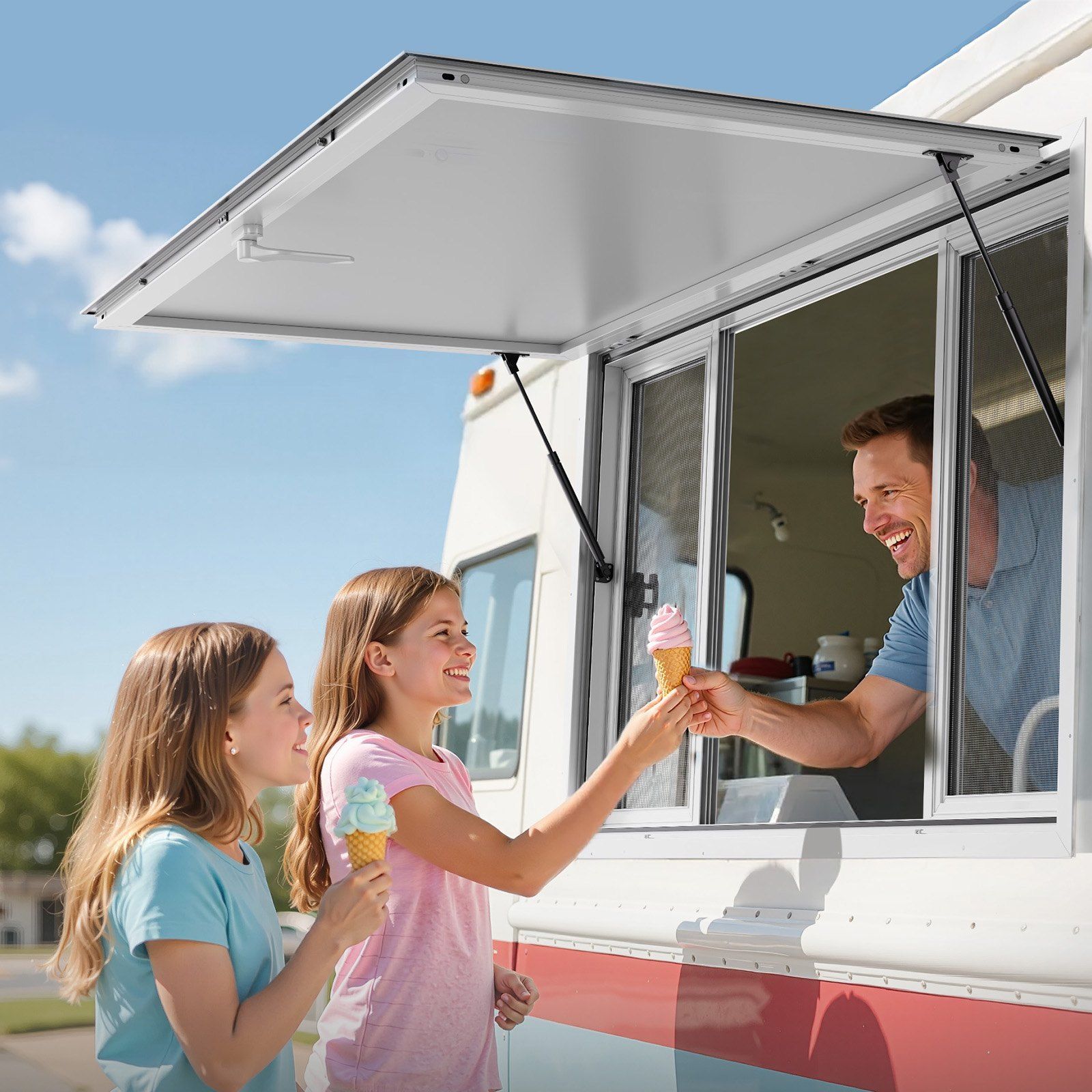 Concession Window 1524x915 mm, Aluminum Alloy Service Window for Food Truck, Up to 85 Degrees Stand Serving Window with 4 Sliding Windows, Awning Door, and Drag Hook, for Concession Trailers - Image 8