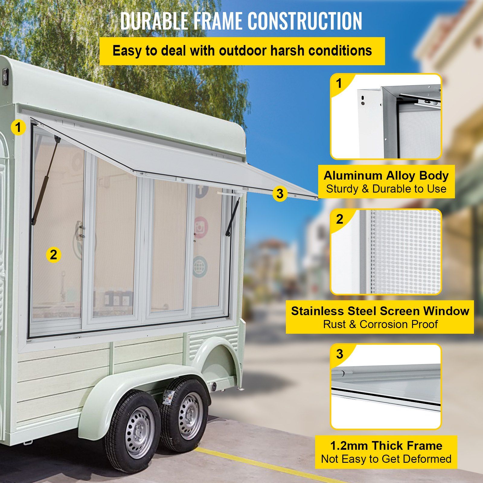 Concession Window, 48 x 36 inch, Aluminum Alloy Food Truck Service Window with 4 Horizontal Sliding Screen Windows & Awning Door & Drag Hook, Serving Window for Food Trucks Concession Trailers - Image 3