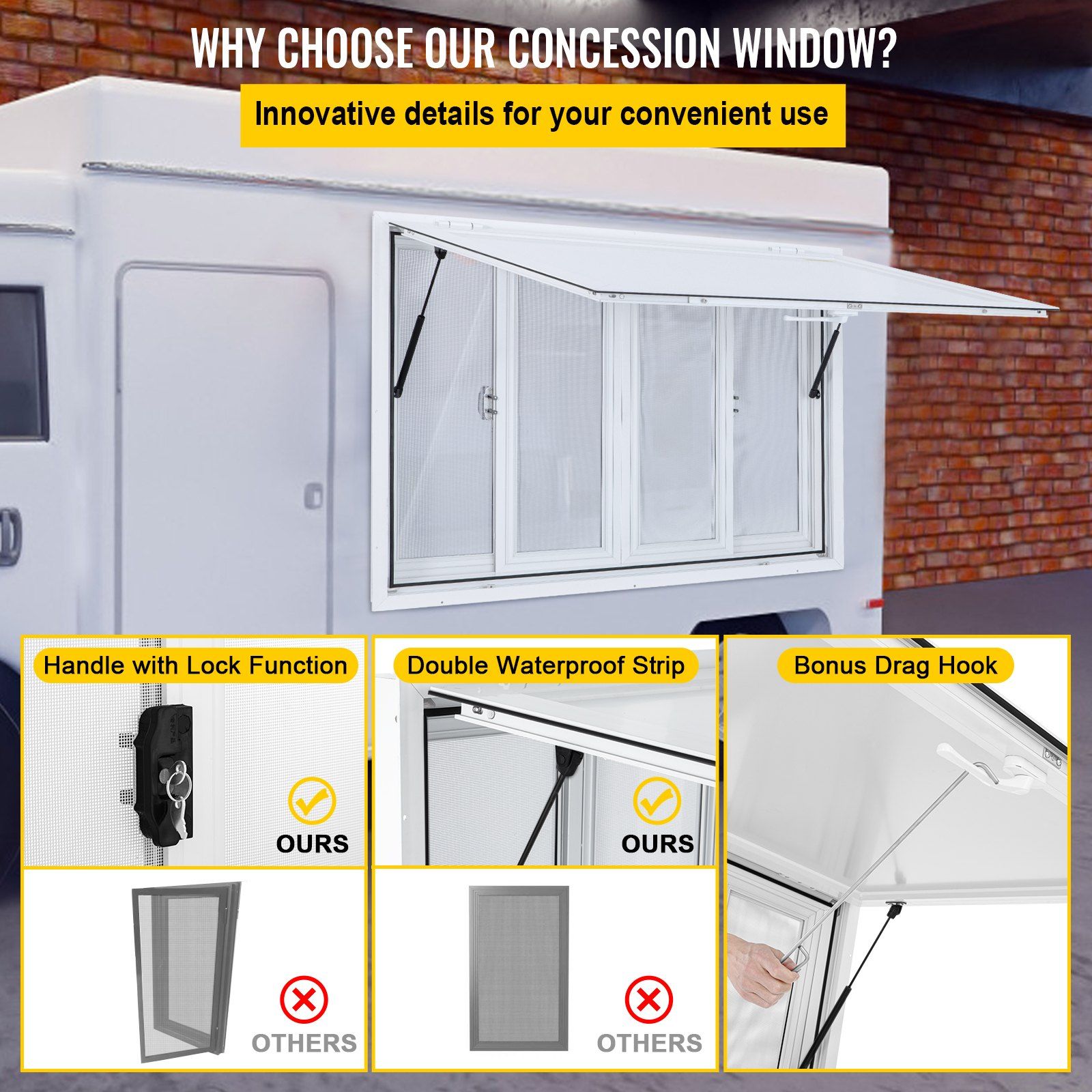 Concession Window, 48 x 36 inch, Aluminum Alloy Food Truck Service Window with 4 Horizontal Sliding Screen Windows & Awning Door & Drag Hook, Serving Window for Food Trucks Concession Trailers - Image 6