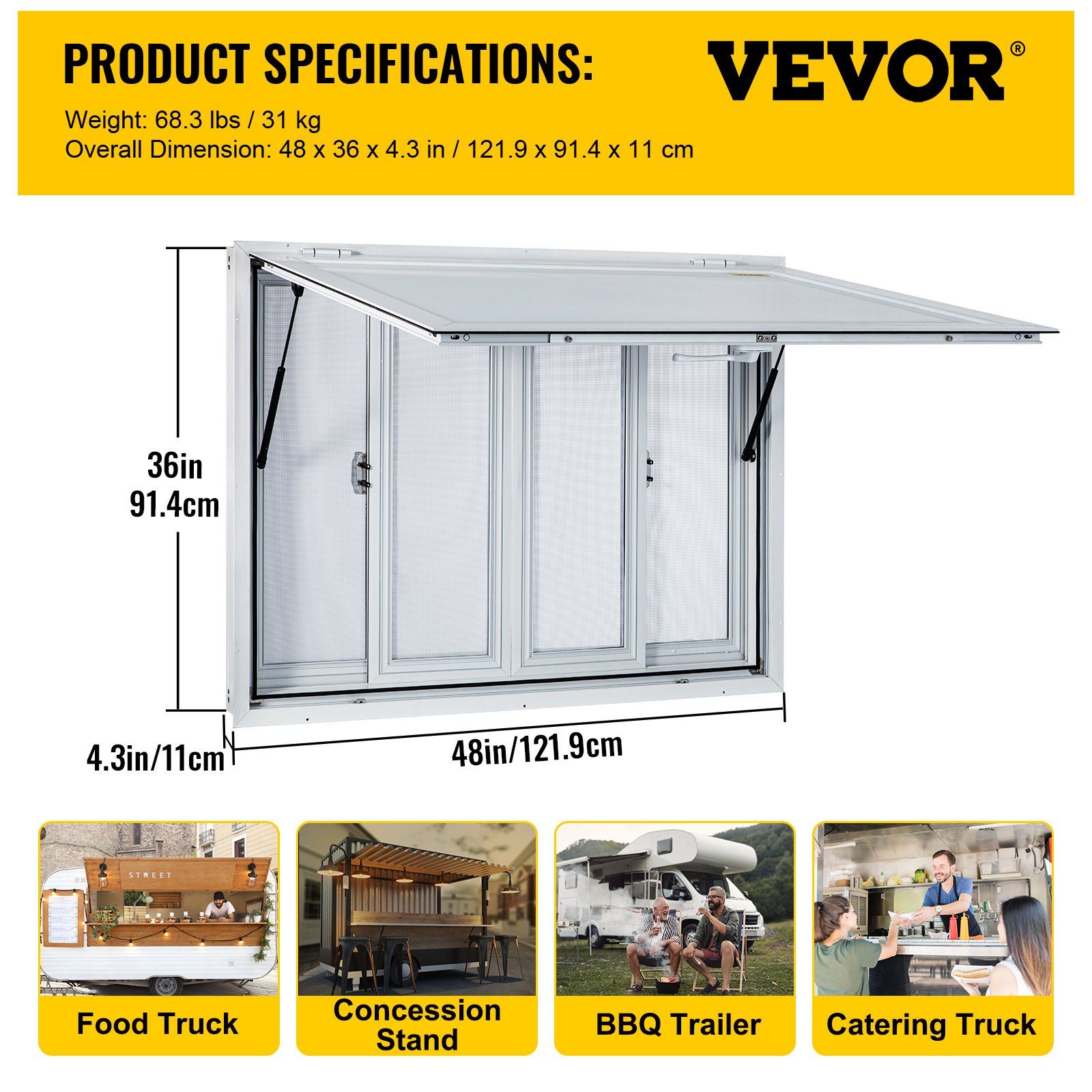 Concession Window, 48 x 36 inch, Aluminum Alloy Food Truck Service Window with 4 Horizontal Sliding Screen Windows & Awning Door & Drag Hook, Serving Window for Food Trucks Concession Trailers - Image 7