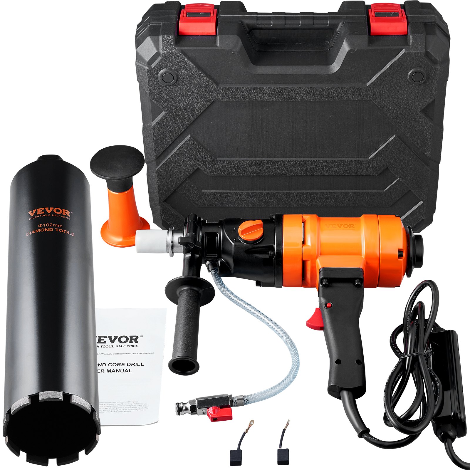Diamond Core Drilling Machine, 4in Handheld Wet Concrete Core Drill Rig, 1100-2400RPM Two Speed & 1-1/4