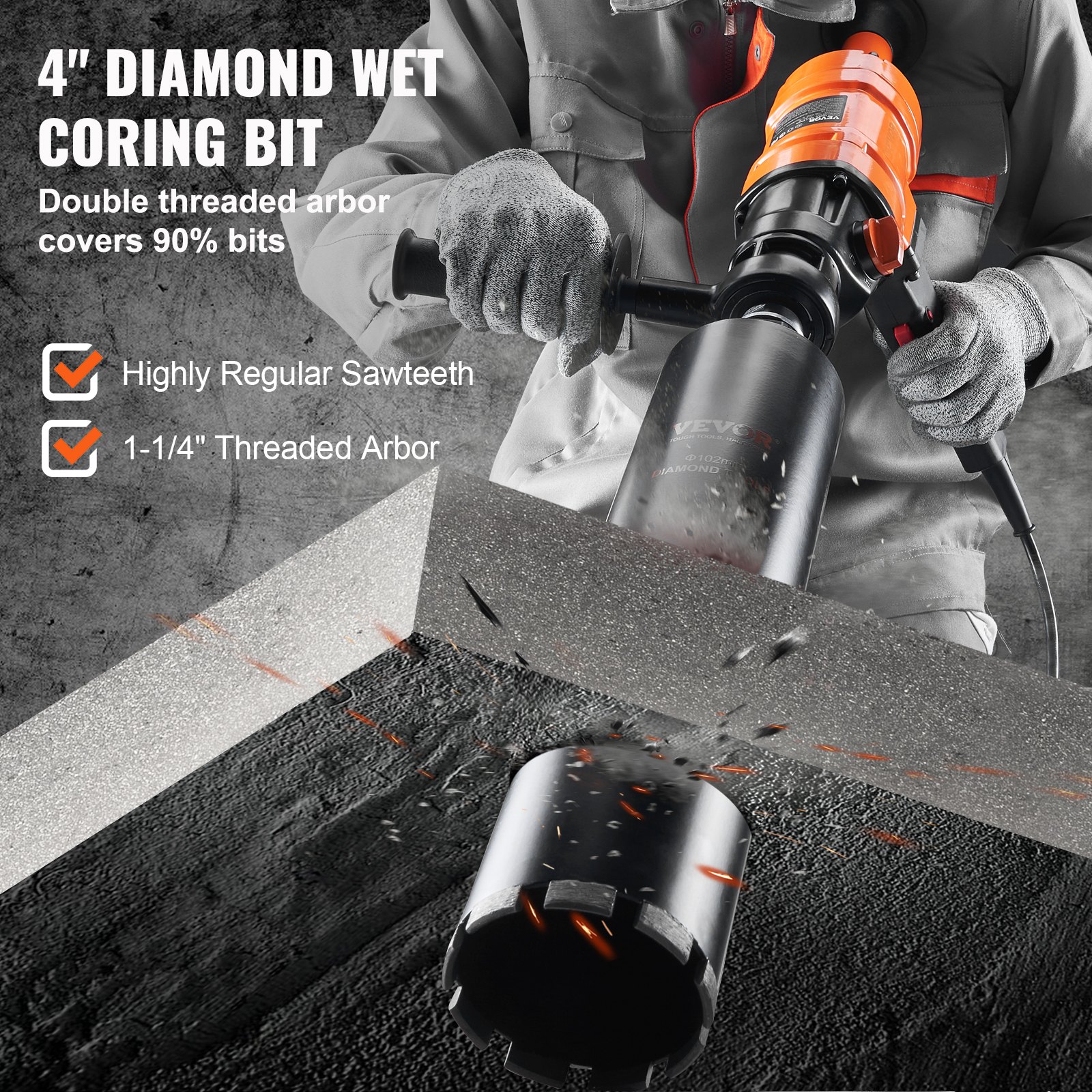 Diamond Core Drilling Machine, 4in Handheld Wet Concrete Core Drill Rig, 1100-2400RPM Two Speed & 1-1/4