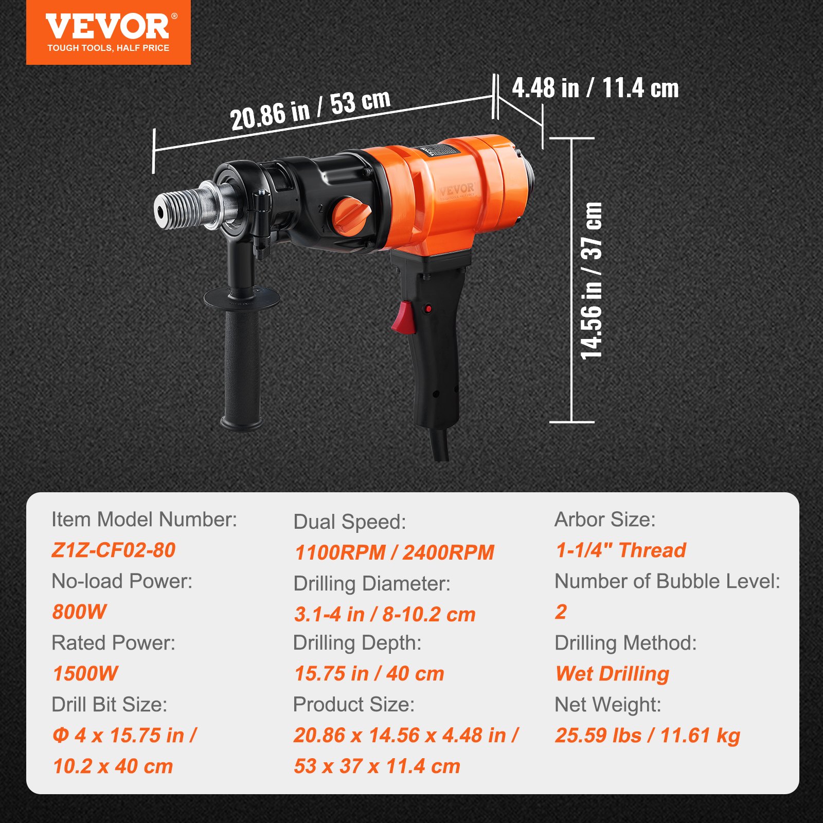 Diamond Core Drilling Machine, 4in Handheld Wet Concrete Core Drill Rig, 1100-2400RPM Two Speed & 1-1/4
