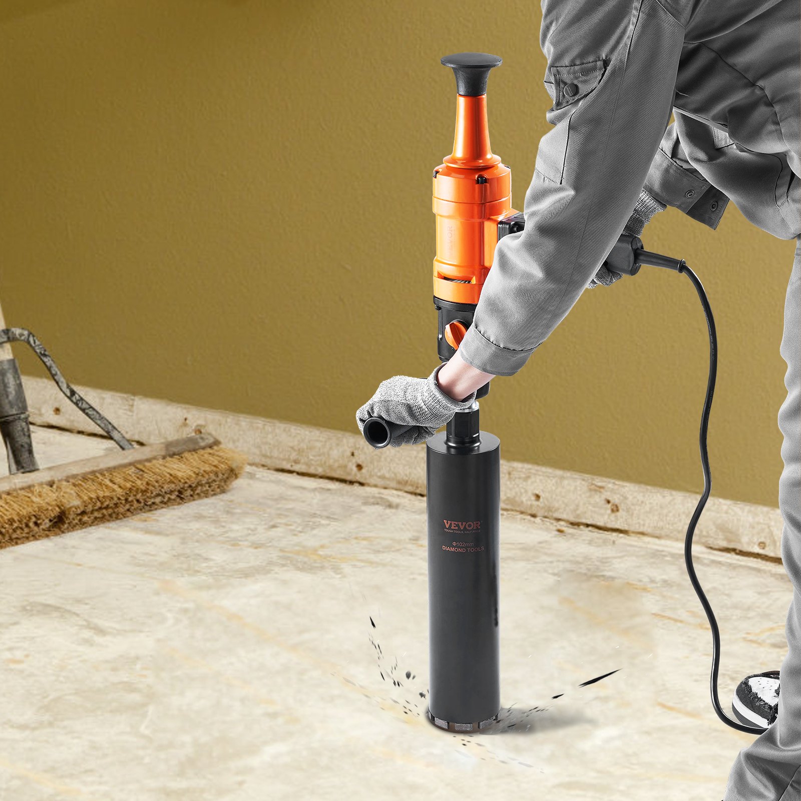 Diamond Core Drilling Machine, 4in Handheld Wet Concrete Core Drill Rig, 1100-2400RPM Two Speed & 1-1/4