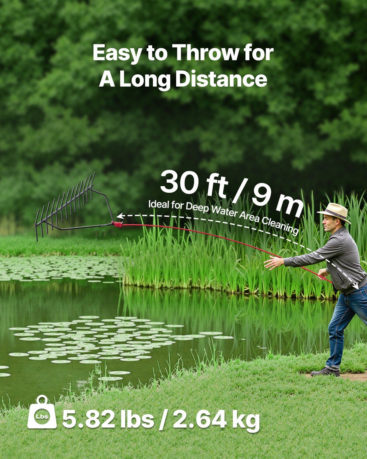 24 in Aquatic Weed Rake, 8.7 in Double Sided Lake Weed Rake, Pond Weeds Cutter with 30ft Rope, Tie Hole, No Assembly Required, Lightweight Muck Lilypad Clearing Tool for Pond, Lake, Rivulet - Image 3