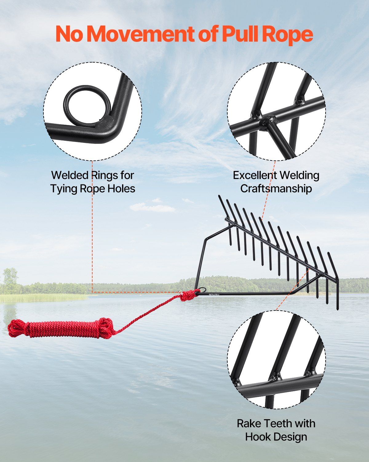 24 in Aquatic Weed Rake, 8.7 in Double Sided Lake Weed Rake, Pond Weeds Cutter with 30ft Rope, Tie Hole, No Assembly Required, Lightweight Muck Lilypad Clearing Tool for Pond, Lake, Rivulet - Image 4