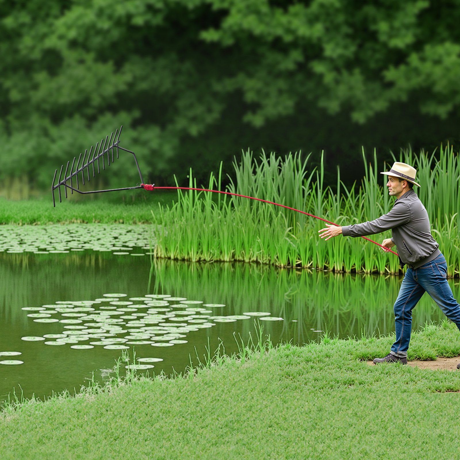 24 in Aquatic Weed Rake, 8.7 in Double Sided Lake Weed Rake, Pond Weeds Cutter with 30ft Rope, Tie Hole, No Assembly Required, Lightweight Muck Lilypad Clearing Tool for Pond, Lake, Rivulet - Image 8