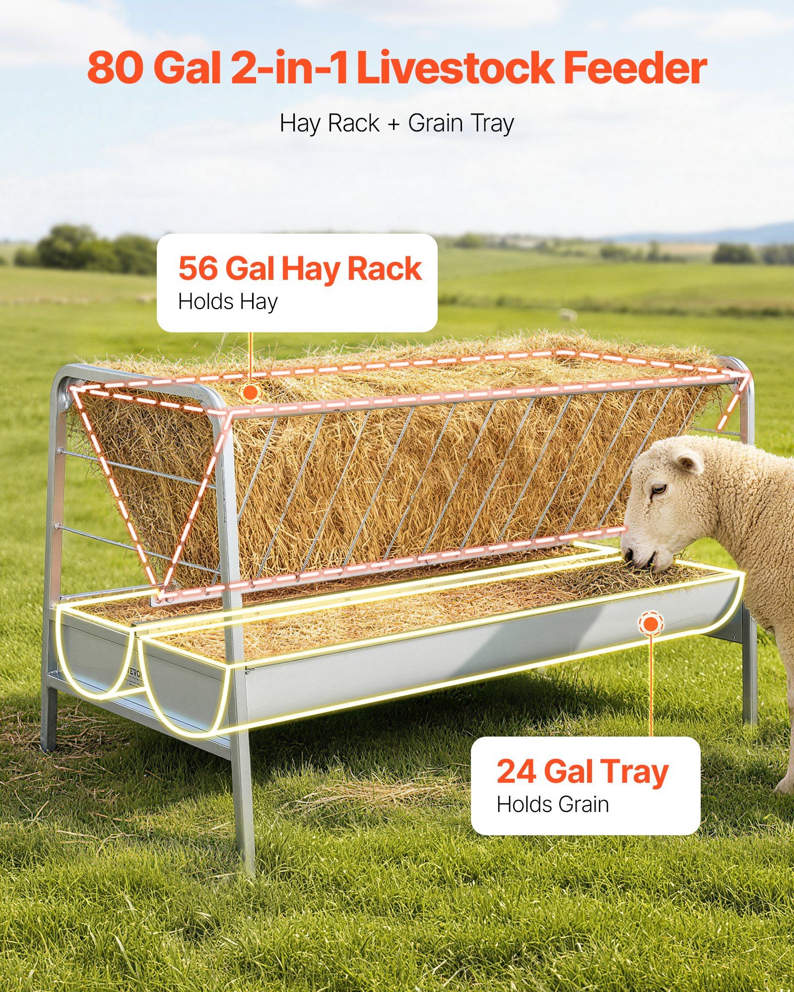 Livestock Hay Feeder, 2 in 1 Grain & Hay Feeder, 300L Capacity, 147 cm Long Goat Pasture Feeding with Deeper Feeding Pan, Heavy Duty Steel Grain Holder for Sheep Sheds, Farms, Horse Barns, Yards - Image 2