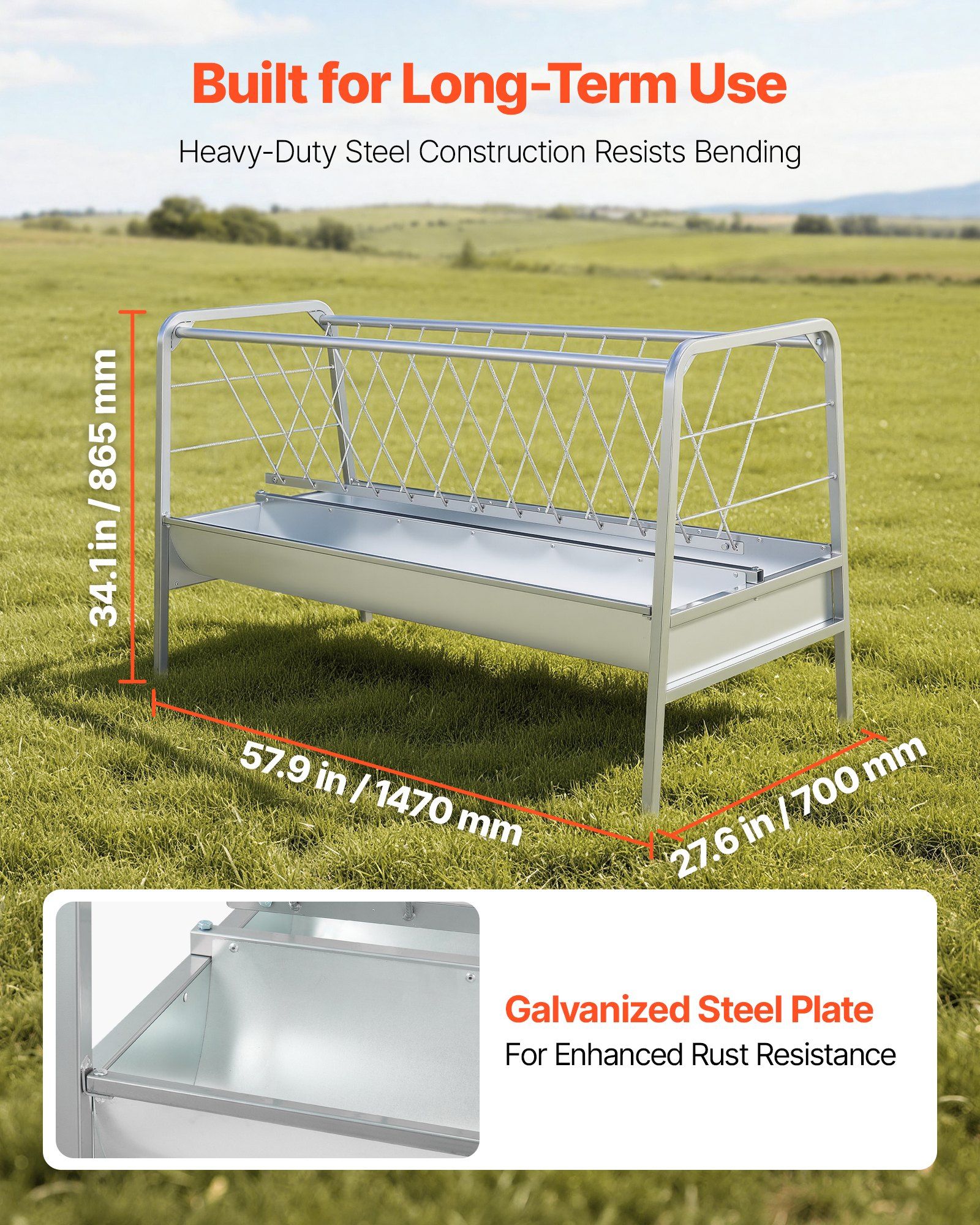 Livestock Hay Feeder, 2 in 1 Grain & Hay Feeder, 300L Capacity, 147 cm Long Goat Pasture Feeding with Deeper Feeding Pan, Heavy Duty Steel Grain Holder for Sheep Sheds, Farms, Horse Barns, Yards - Image 3