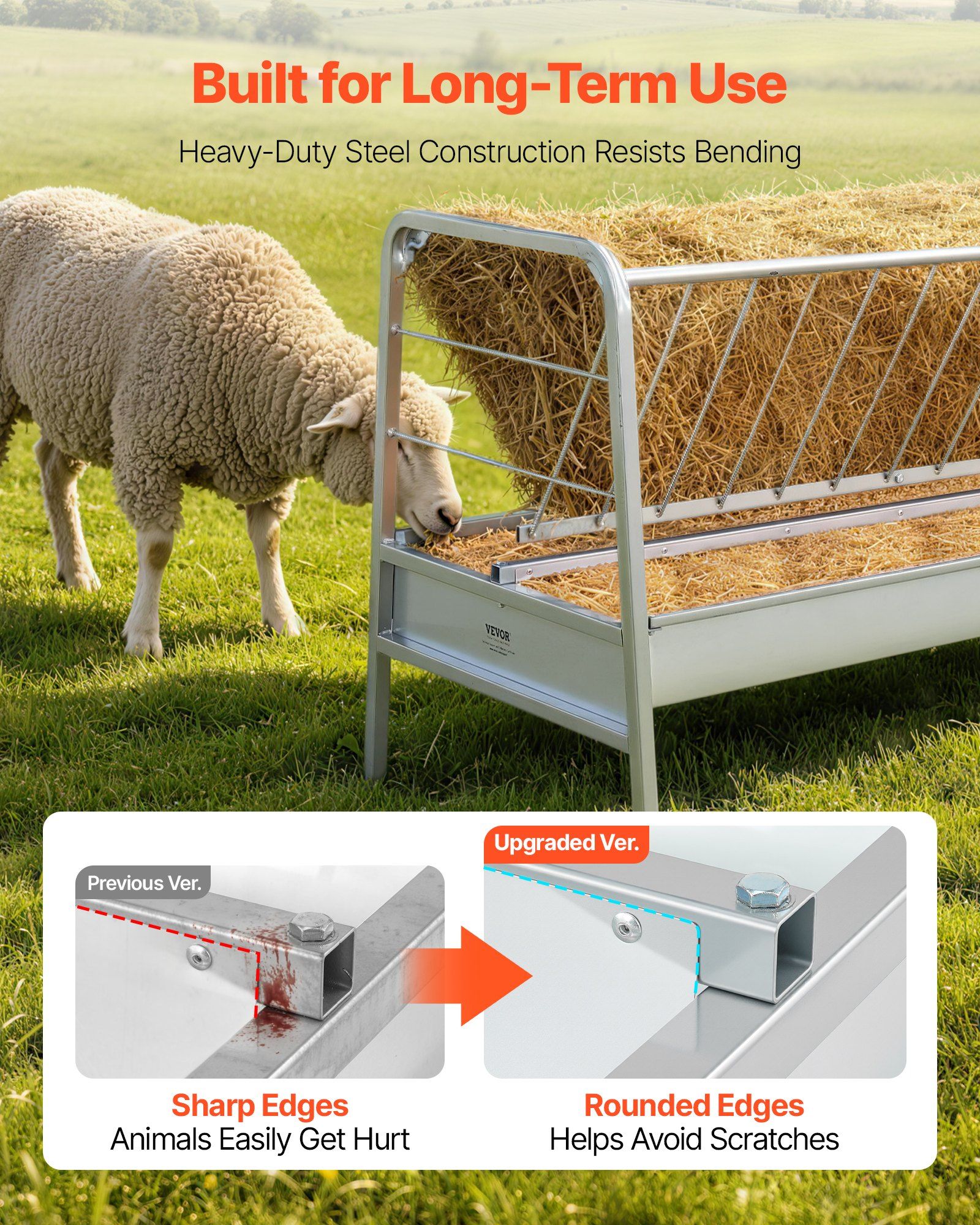 Livestock Hay Feeder, 2 in 1 Grain & Hay Feeder, 300L Capacity, 147 cm Long Goat Pasture Feeding with Deeper Feeding Pan, Heavy Duty Steel Grain Holder for Sheep Sheds, Farms, Horse Barns, Yards - Image 4