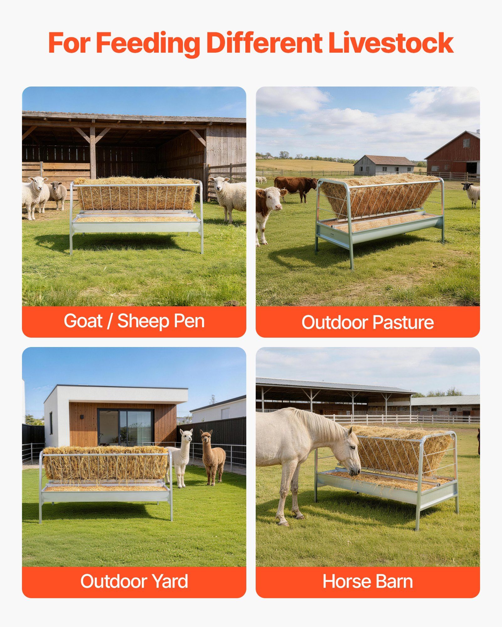 Livestock Hay Feeder, 2 in 1 Grain & Hay Feeder, 300L Capacity, 147 cm Long Goat Pasture Feeding with Deeper Feeding Pan, Heavy Duty Steel Grain Holder for Sheep Sheds, Farms, Horse Barns, Yards - Image 6