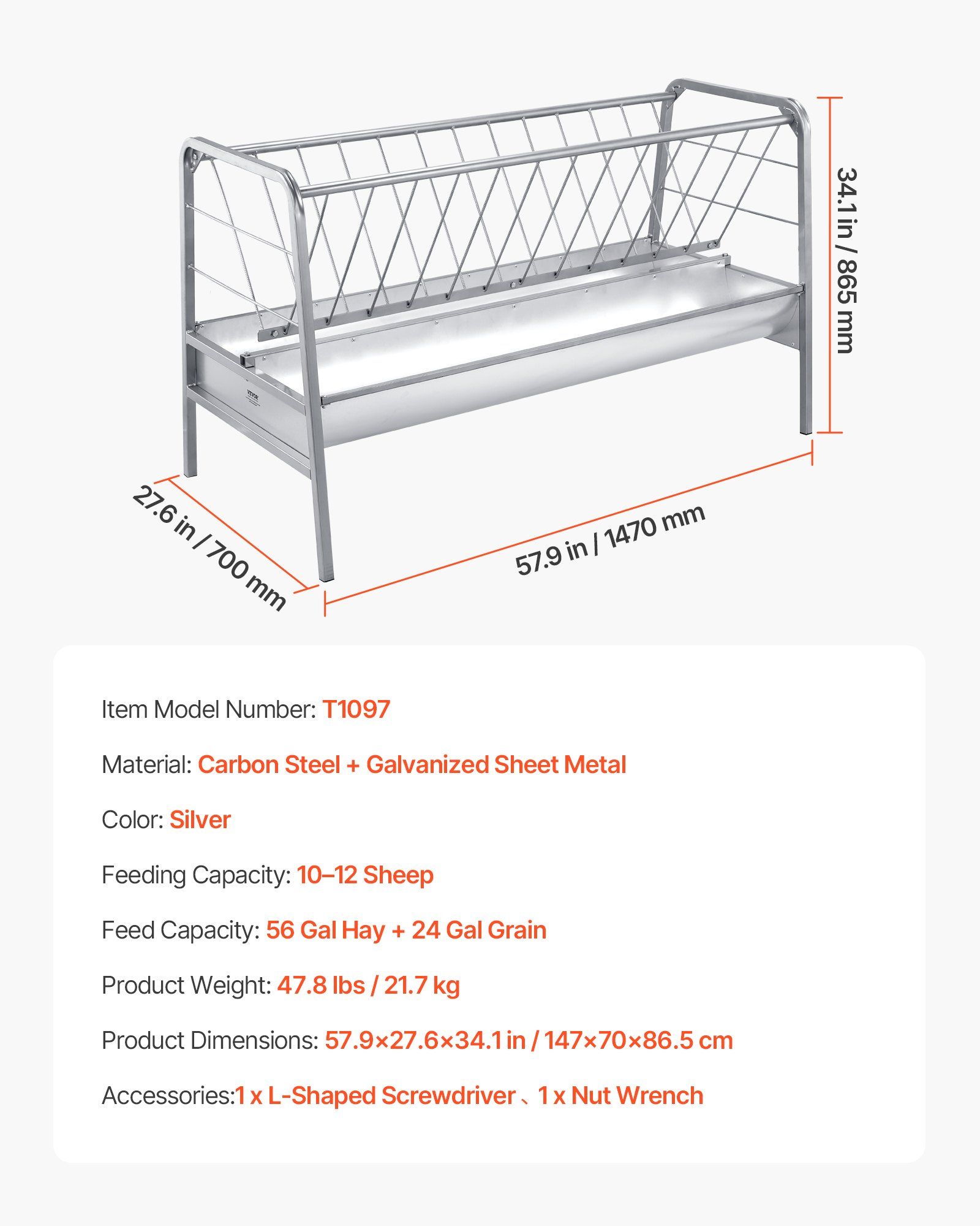 Livestock Hay Feeder, 2 in 1 Grain & Hay Feeder, 300L Capacity, 147 cm Long Goat Pasture Feeding with Deeper Feeding Pan, Heavy Duty Steel Grain Holder for Sheep Sheds, Farms, Horse Barns, Yards - Image 7