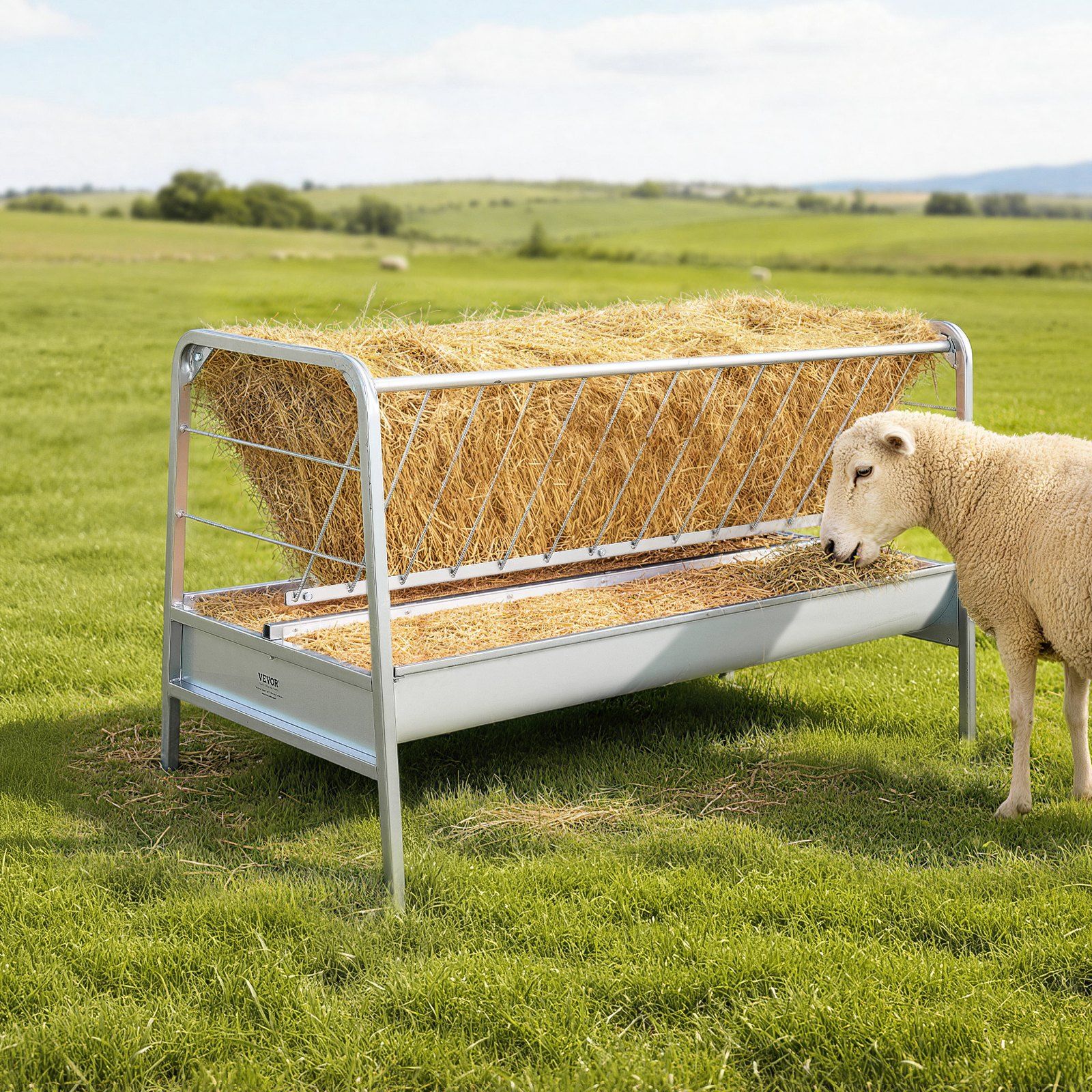 Livestock Hay Feeder, 2 in 1 Grain & Hay Feeder, 300L Capacity, 147 cm Long Goat Pasture Feeding with Deeper Feeding Pan, Heavy Duty Steel Grain Holder for Sheep Sheds, Farms, Horse Barns, Yards - Image 8