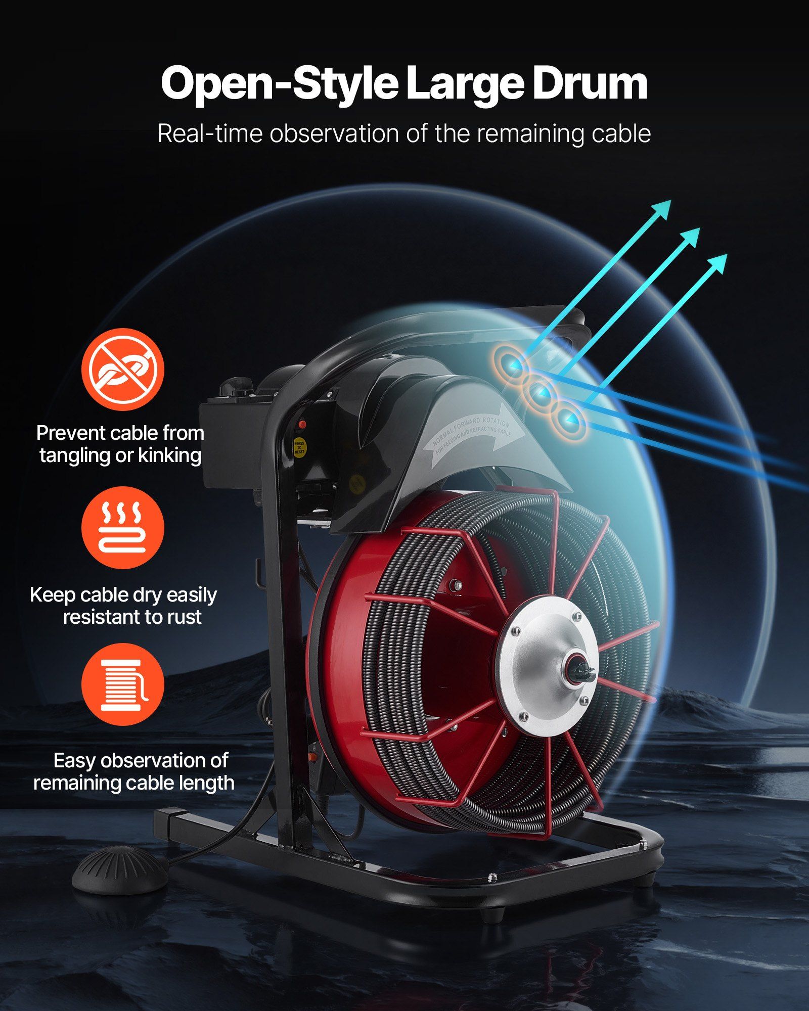 Drain Cleaner Machine 23m x 13mm, Sewer Snake Auger Manual Feed with 4 Cutters & Air-activated Foot Switch for 50mm to 150mm Pipes - Image 4