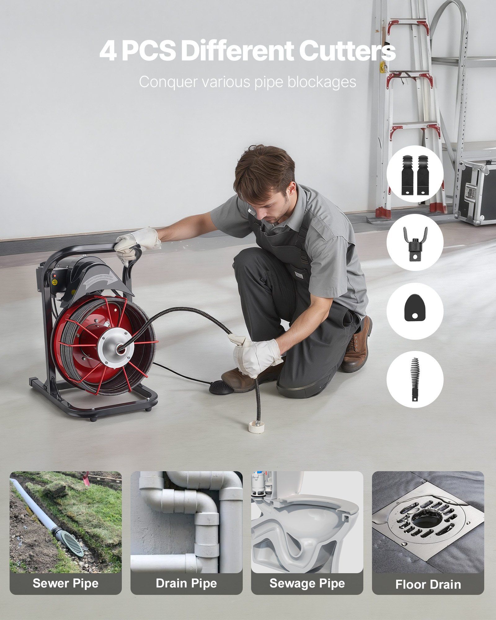 Drain Cleaner Machine 23m x 13mm, Sewer Snake Auger Manual Feed with 4 Cutters & Air-activated Foot Switch for 50mm to 150mm Pipes - Image 5