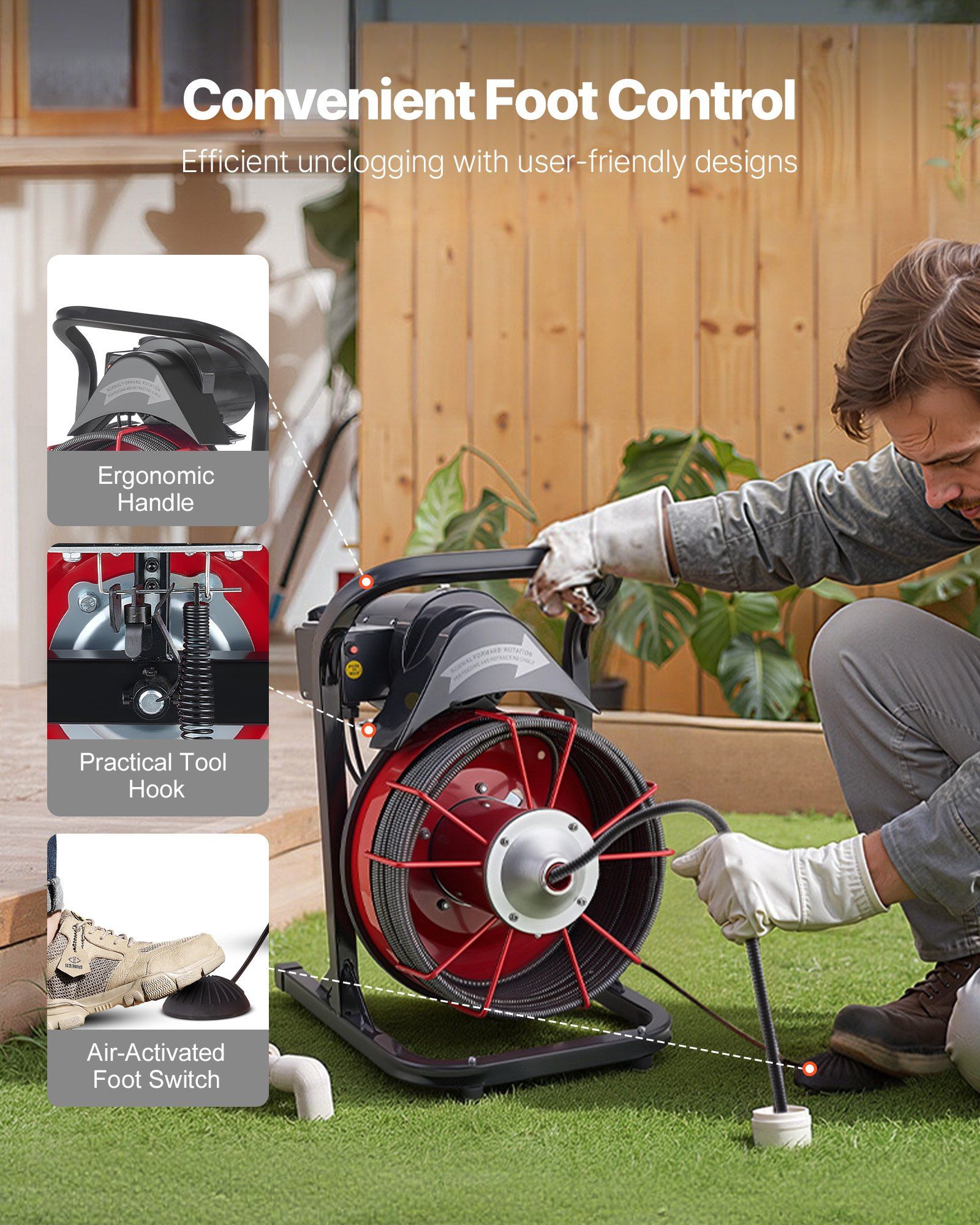 Drain Cleaner Machine 23m x 13mm, Sewer Snake Auger Manual Feed with 4 Cutters & Air-activated Foot Switch for 50mm to 150mm Pipes - Image 6
