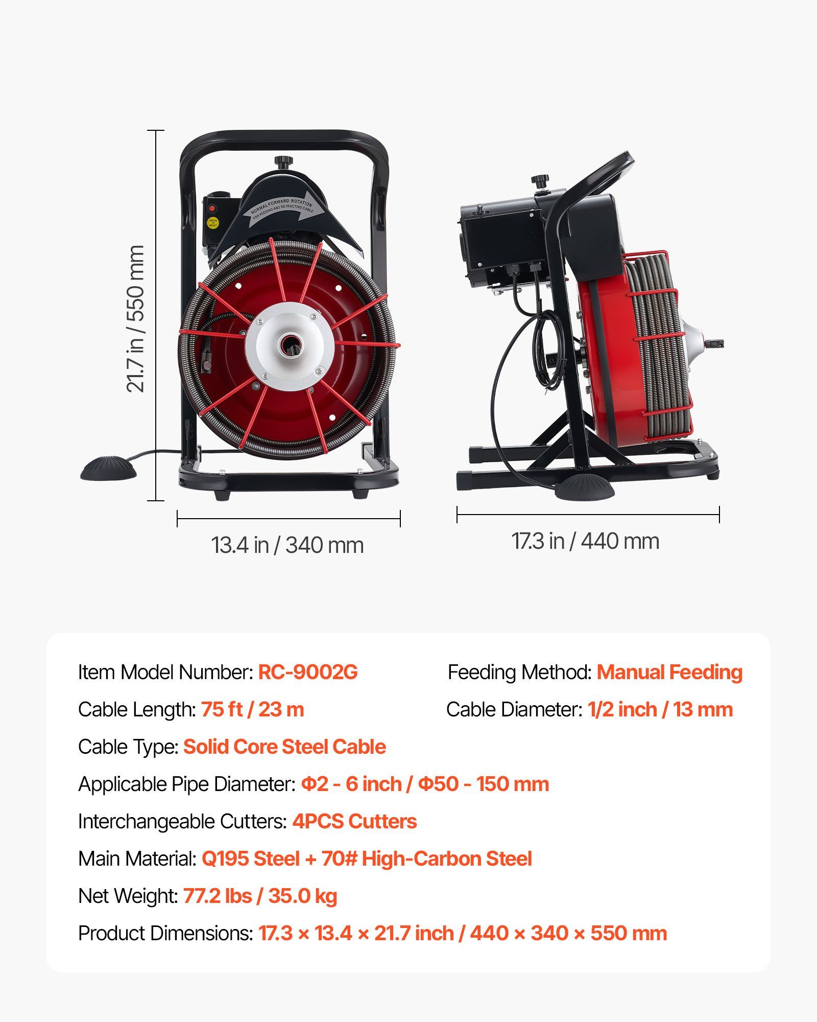 Drain Cleaner Machine 23m x 13mm, Sewer Snake Auger Manual Feed with 4 Cutters & Air-activated Foot Switch for 50mm to 150mm Pipes - Image 7