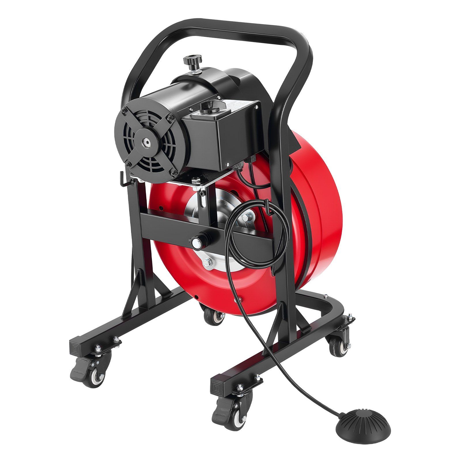 Drain Cleaner Machine 15m x 13mm, Manual Feed Sewer Snake Auger on Wheels - with 4 Cutters & Air-activated Foot Switch for 50mm to 150mm Pipes - Image 1