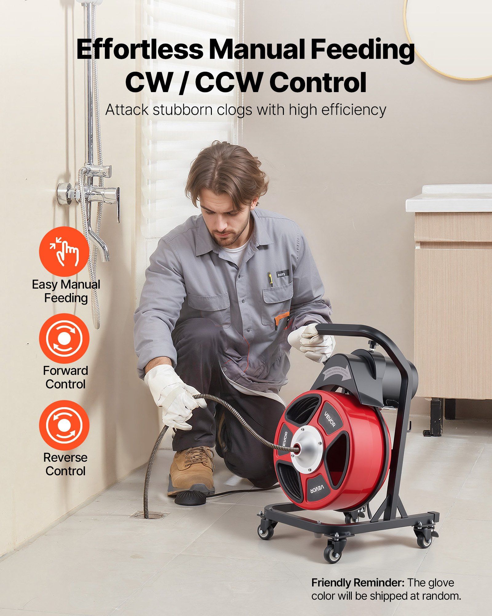 Drain Cleaner Machine 15m x 13mm, Manual Feed Sewer Snake Auger on Wheels - with 4 Cutters & Air-activated Foot Switch for 50mm to 150mm Pipes - Image 2