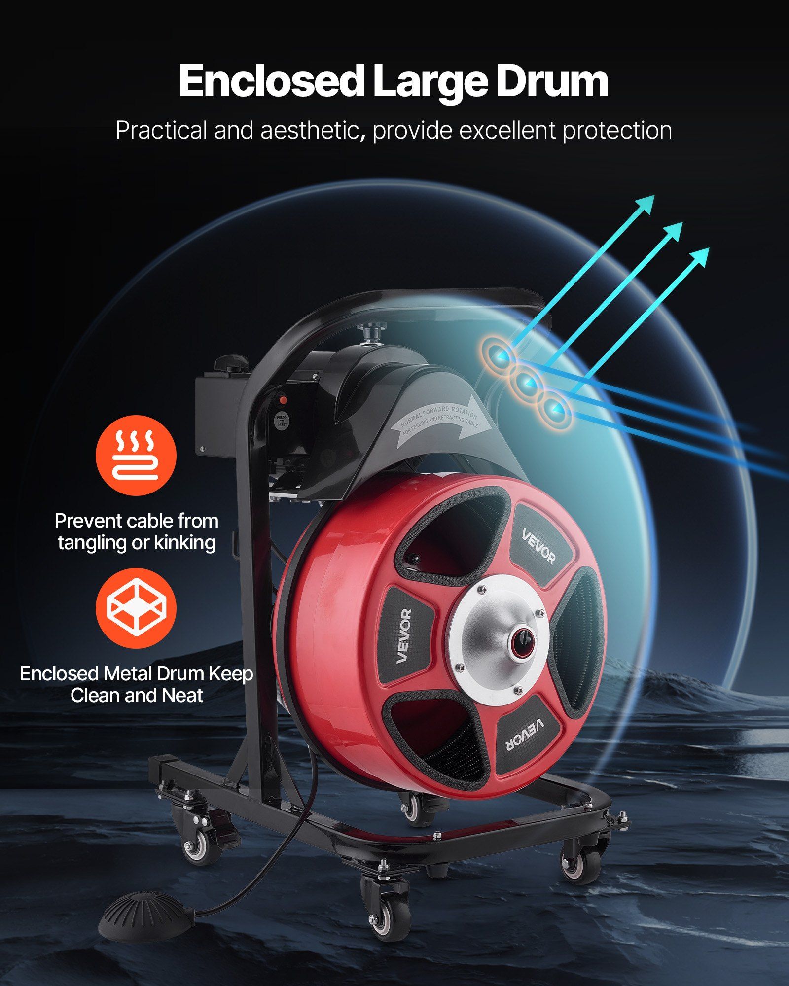 Drain Cleaner Machine 15m x 13mm, Manual Feed Sewer Snake Auger on Wheels - with 4 Cutters & Air-activated Foot Switch for 50mm to 150mm Pipes - Image 4