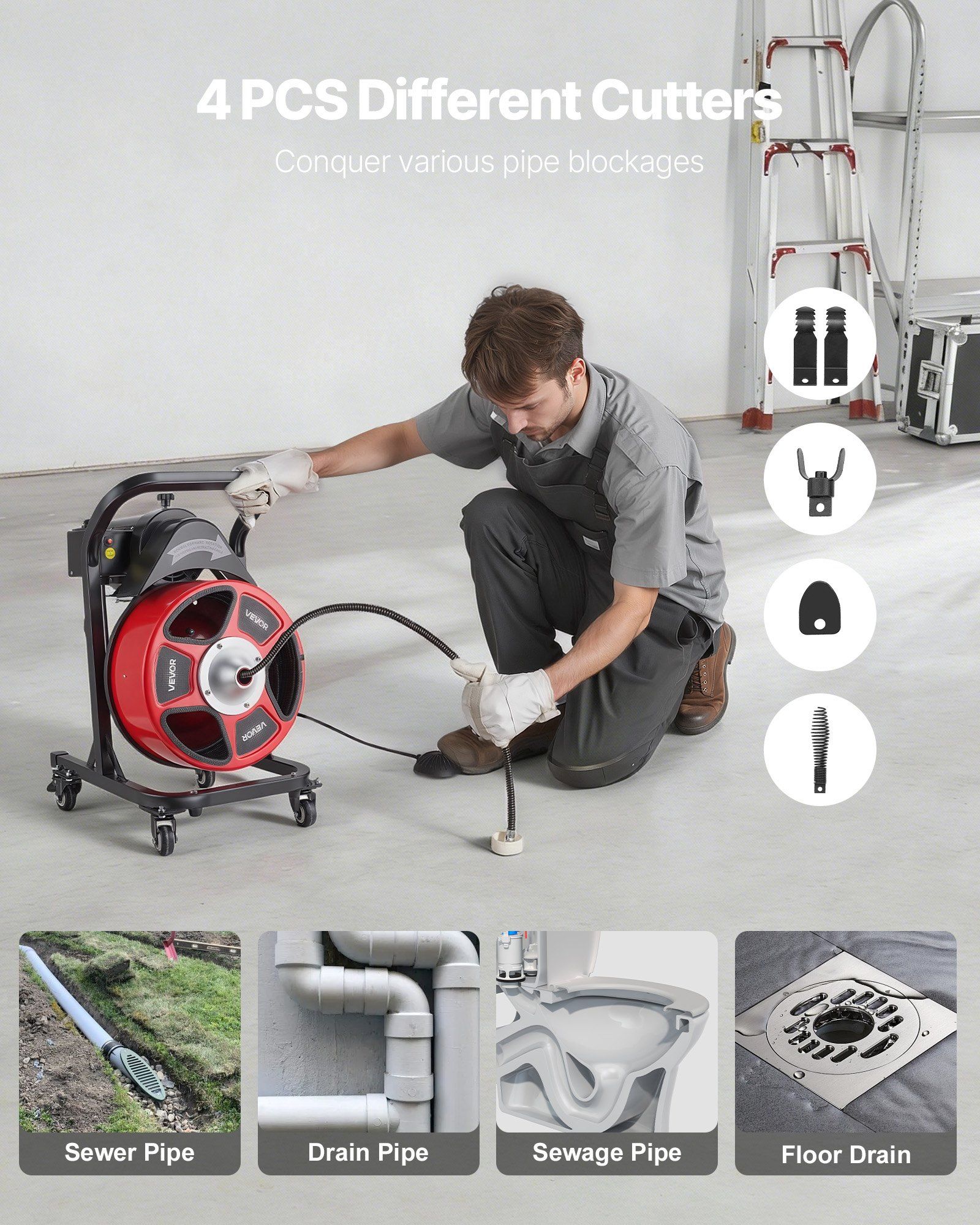 Drain Cleaner Machine 15m x 13mm, Manual Feed Sewer Snake Auger on Wheels - with 4 Cutters & Air-activated Foot Switch for 50mm to 150mm Pipes - Image 5