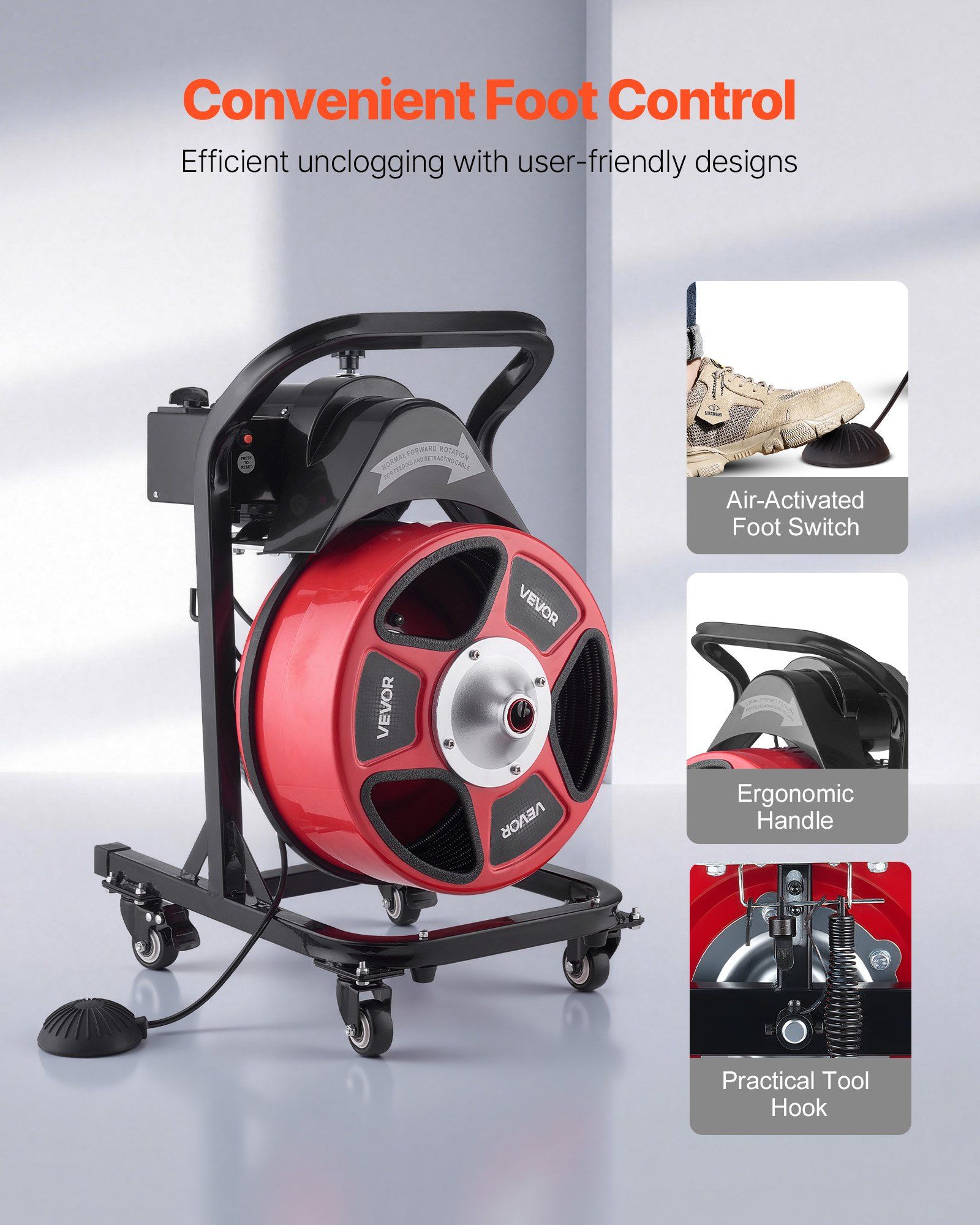 Drain Cleaner Machine 15m x 13mm, Manual Feed Sewer Snake Auger on Wheels - with 4 Cutters & Air-activated Foot Switch for 50mm to 150mm Pipes - Image 6