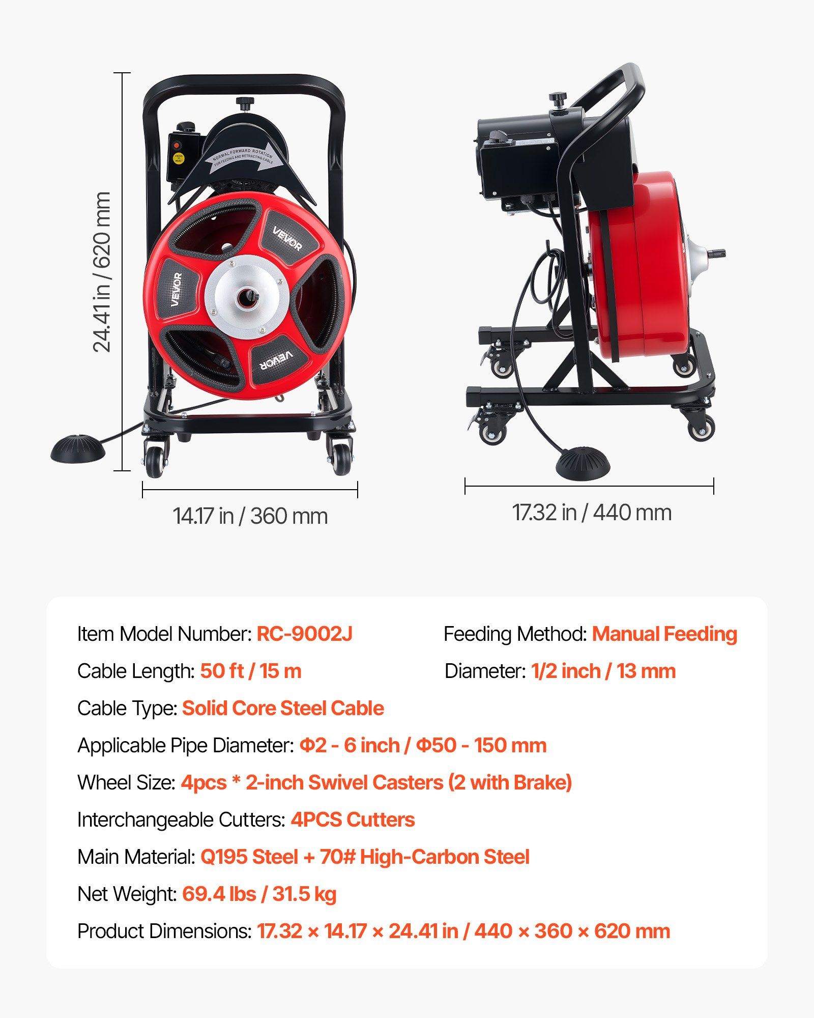 Drain Cleaner Machine 15m x 13mm, Manual Feed Sewer Snake Auger on Wheels - with 4 Cutters & Air-activated Foot Switch for 50mm to 150mm Pipes - Image 7