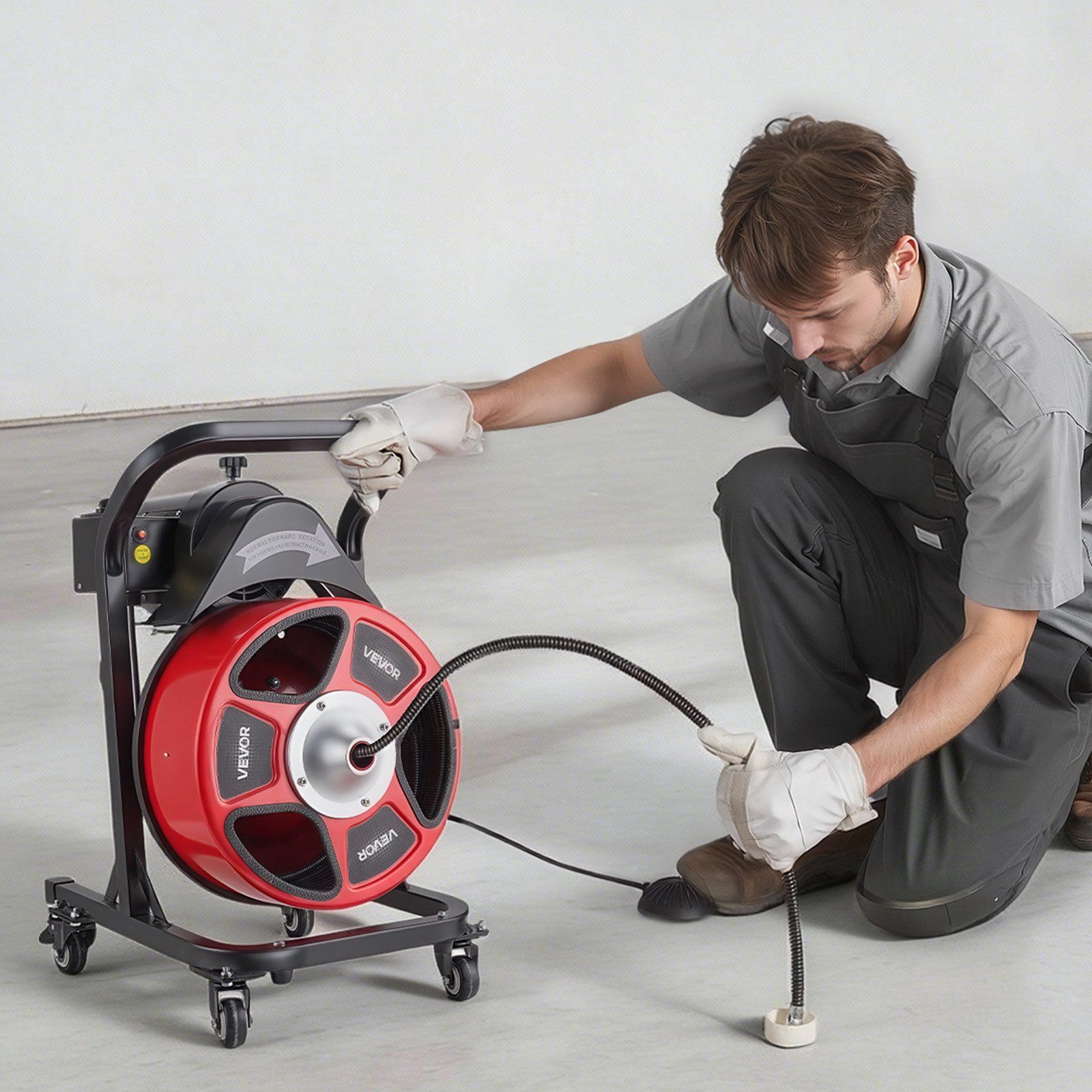 Drain Cleaner Machine 15m x 13mm, Manual Feed Sewer Snake Auger on Wheels - with 4 Cutters & Air-activated Foot Switch for 50mm to 150mm Pipes - Image 8