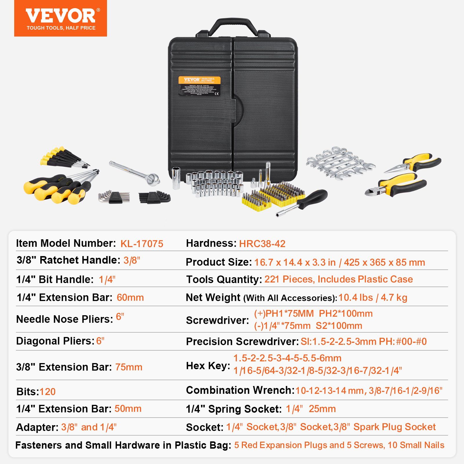 221-Piece Mechanics Tool Set, 1/4
