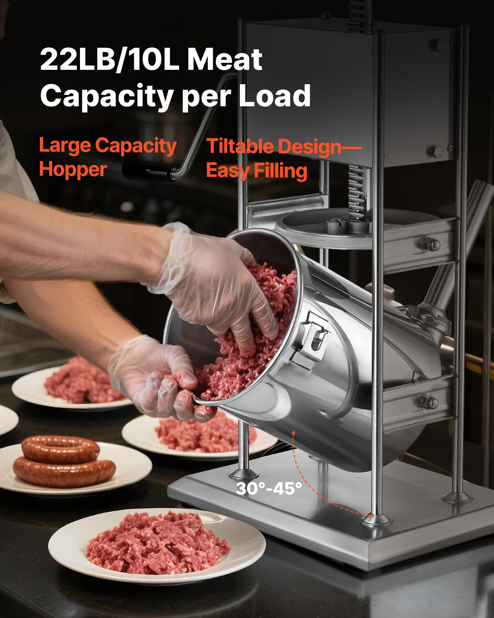 Manual Sausage Stuffer, 22 LBS / 10 L Vertical Meat Stuffer, Dual-Speed Sausage Casing Meat Filling Machine, Stainless Steel Heavy Duty Filler with 5 Stuffing Tubes, for Commercial & Home Use - Image 4