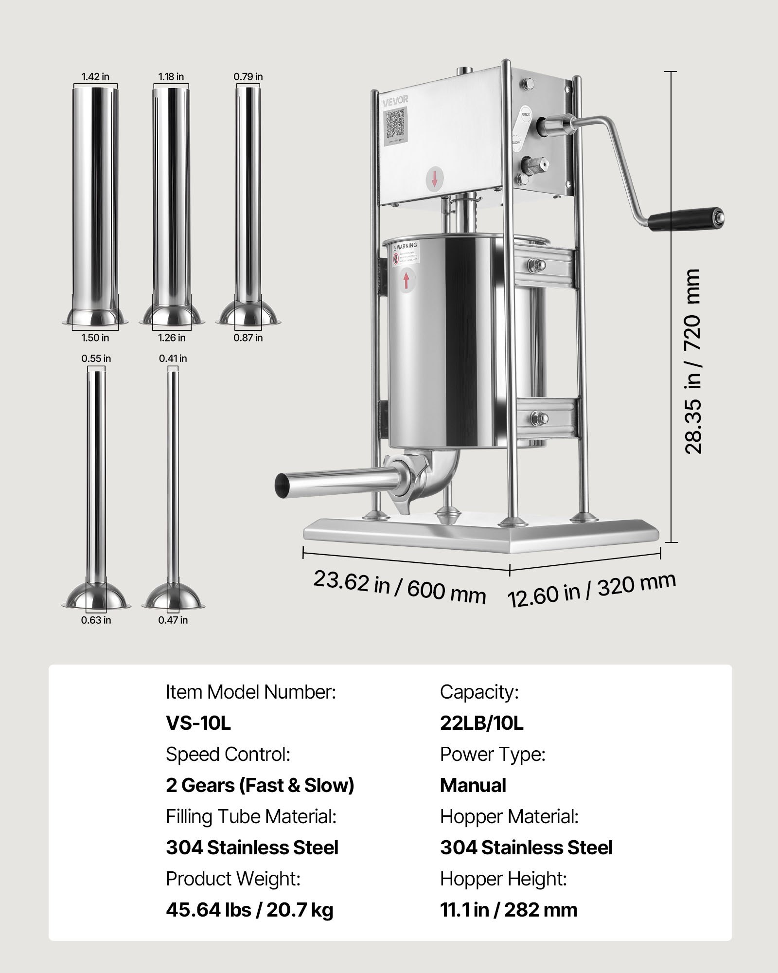 Manual Sausage Stuffer, 22 LBS / 10 L Vertical Meat Stuffer, Dual-Speed Sausage Casing Meat Filling Machine, Stainless Steel Heavy Duty Filler with 5 Stuffing Tubes, for Commercial & Home Use - Image 7