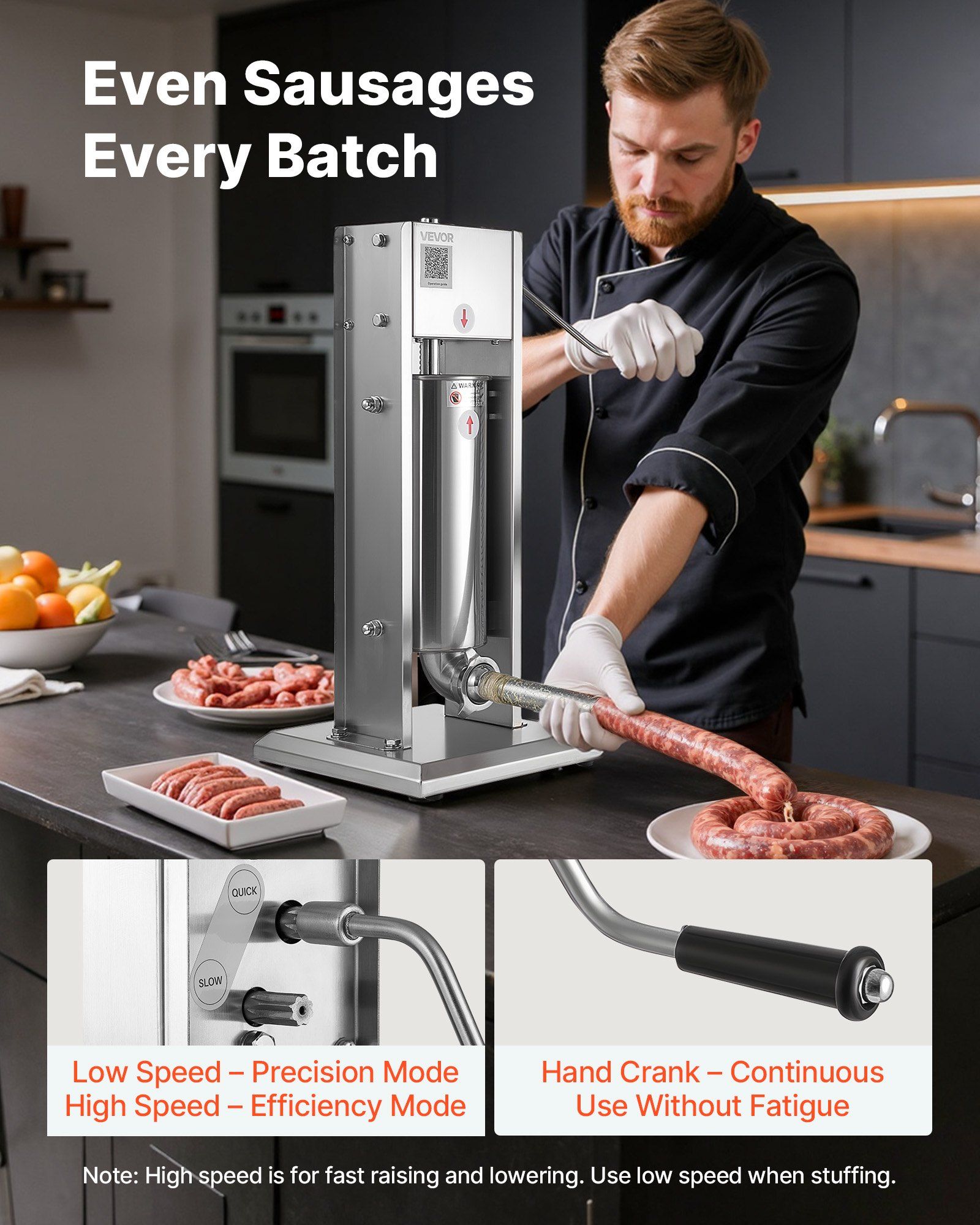 Manual Sausage Stuffer, 11 LBS / 5 L Vertical Meat Stuffer, Dual-Speed Sausage Casing Meat Filling Machine, Stainless Steel Heavy Duty Filler with 5 Stuffing Tubes, for Commercial & Home Use - Image 2