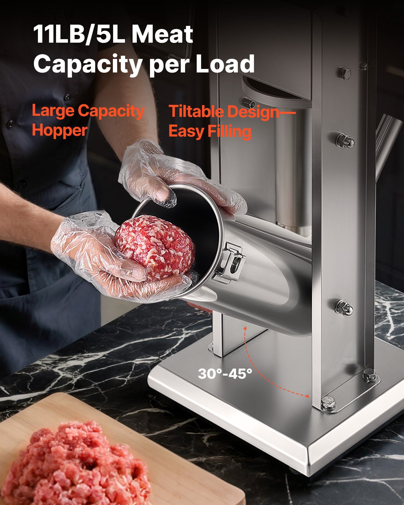 Manual Sausage Stuffer, 11 LBS / 5 L Vertical Meat Stuffer, Dual-Speed Sausage Casing Meat Filling Machine, Stainless Steel Heavy Duty Filler with 5 Stuffing Tubes, for Commercial & Home Use - Image 4